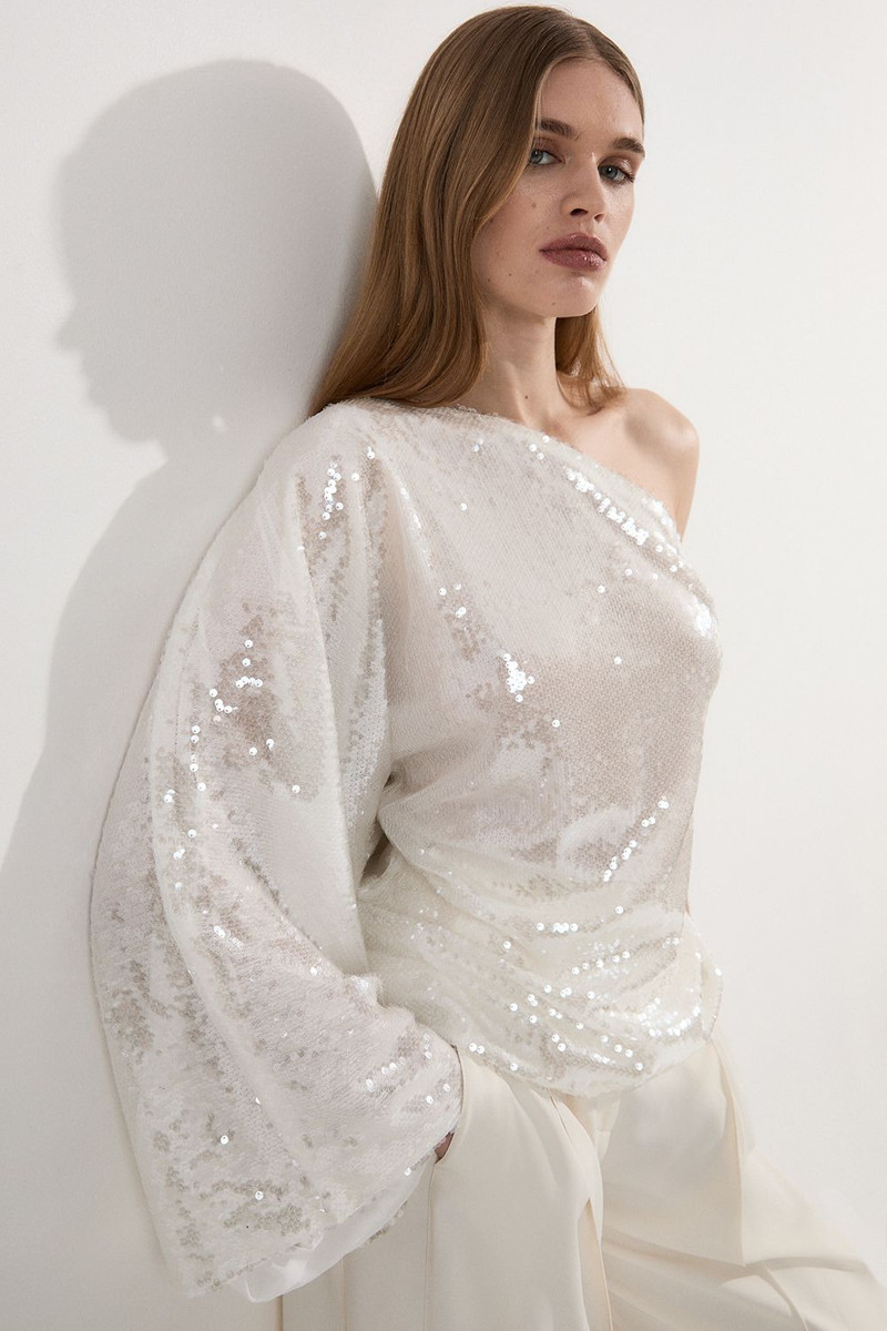 Liquid Shine One Shoulder Woven Sequin Blouse 1