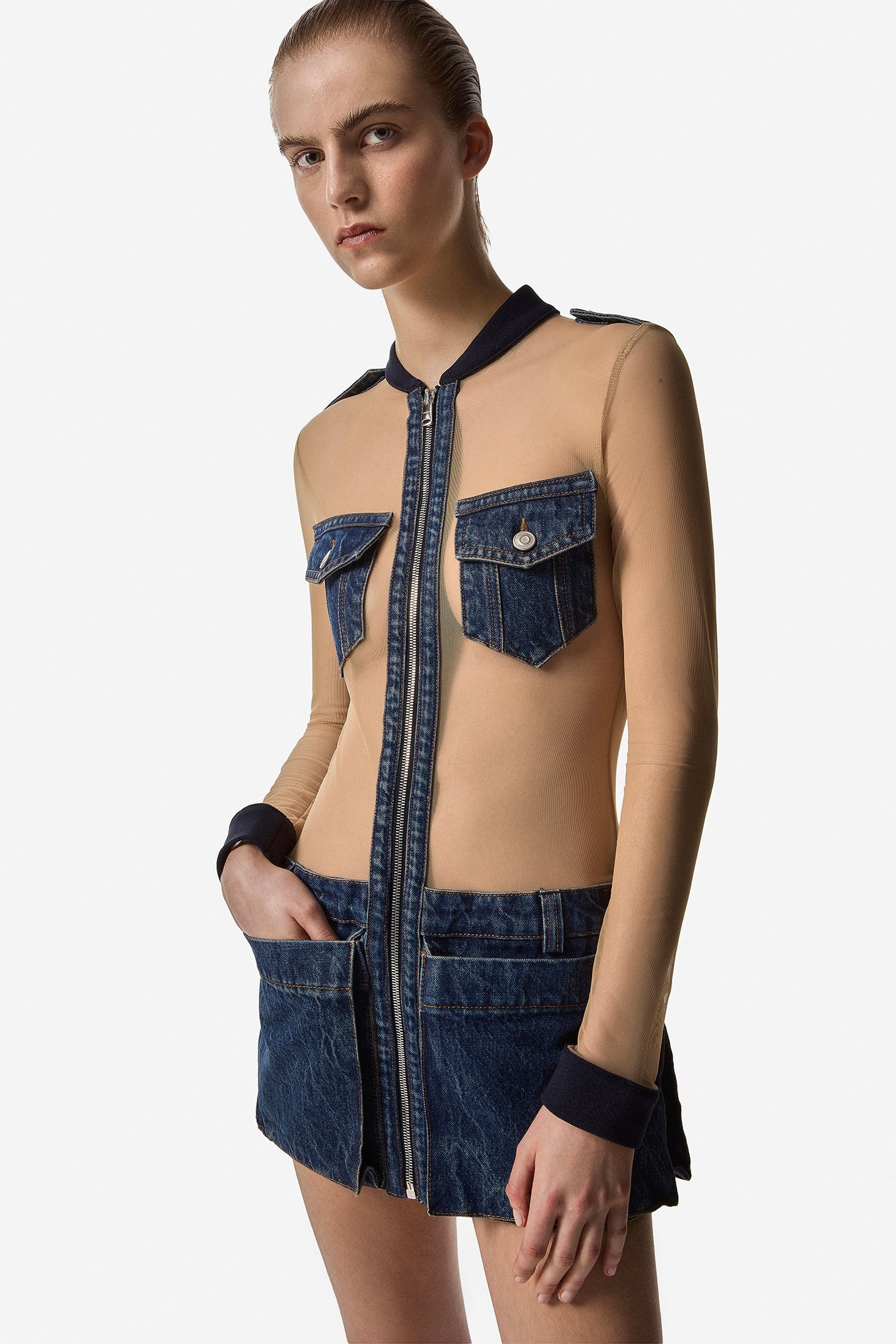 Tulle Illusion Denim Dress - 1