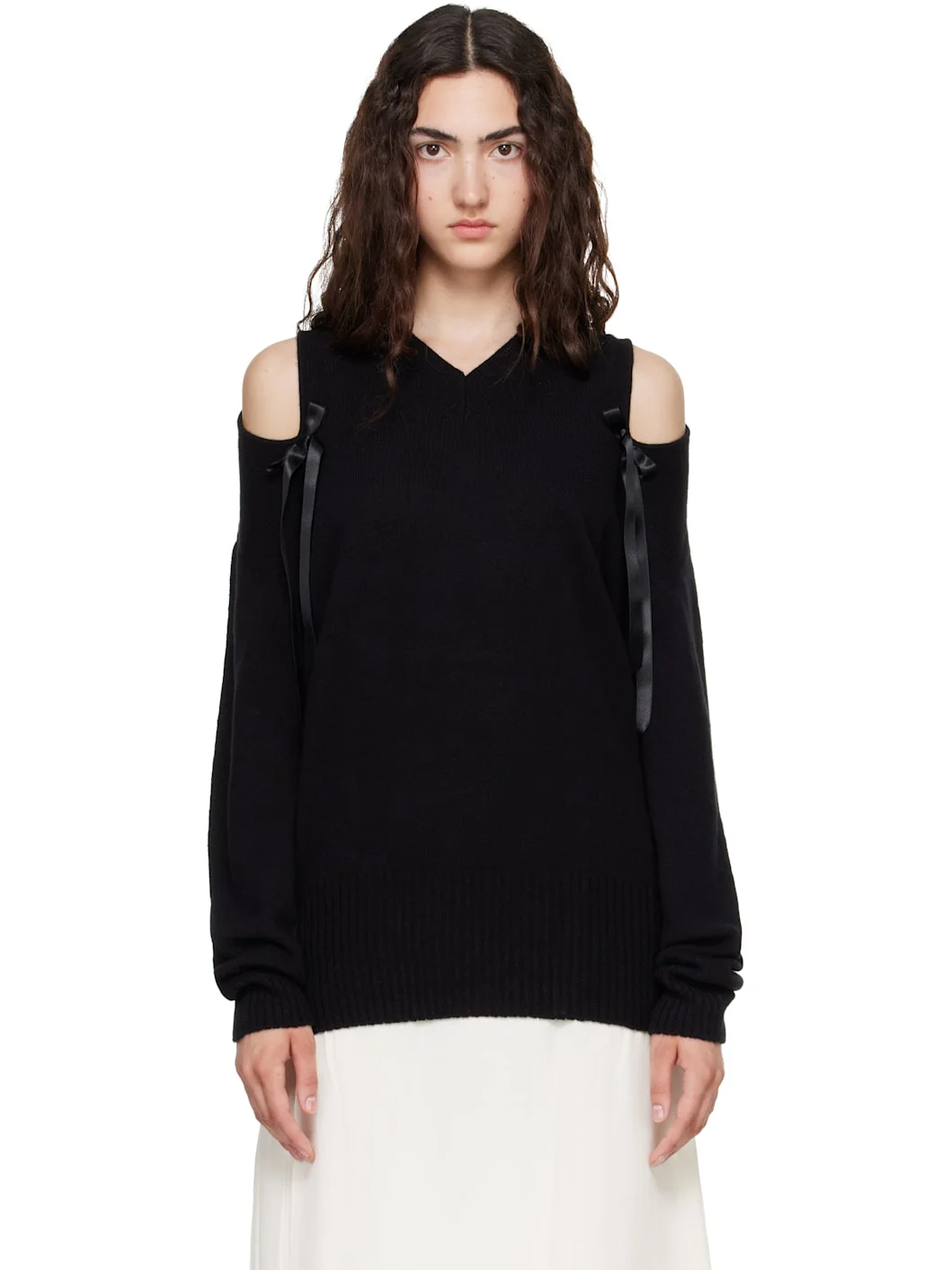 Black Relaxed Cashmere Slash V-Neck Bow Sweater - 1