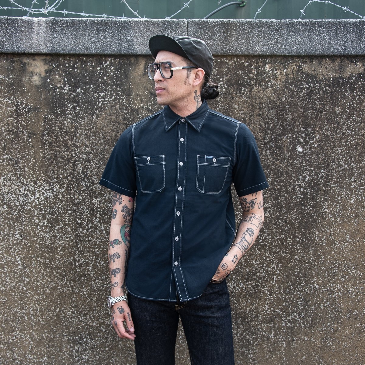 IHSH-285-OD 5.5oz Selvedge Chambray Short Sleeved Work Shirt - Indigo Overdyed Black - 4