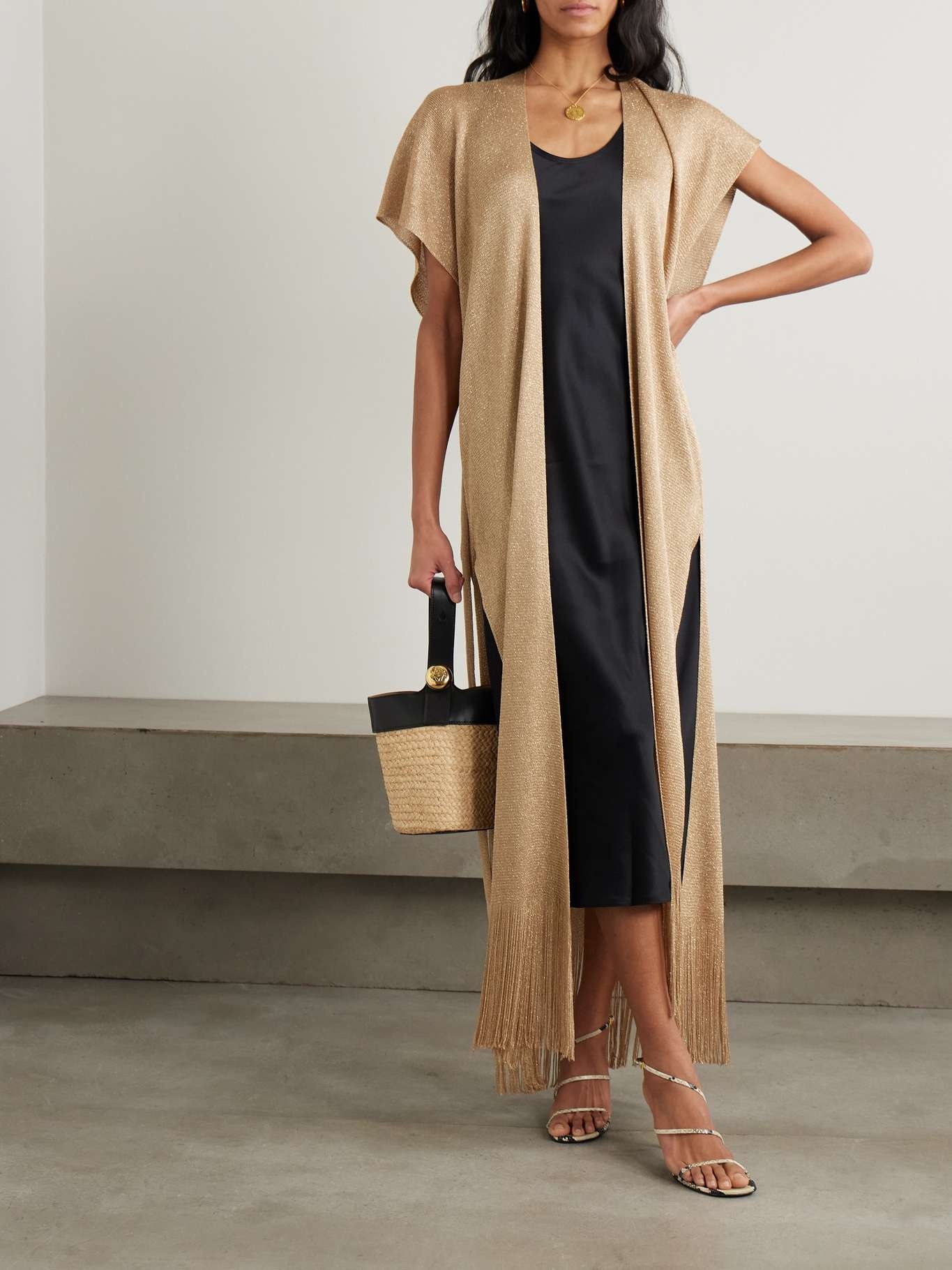 Zarelia belted fringed metallic knitted kaftan Brown - 4