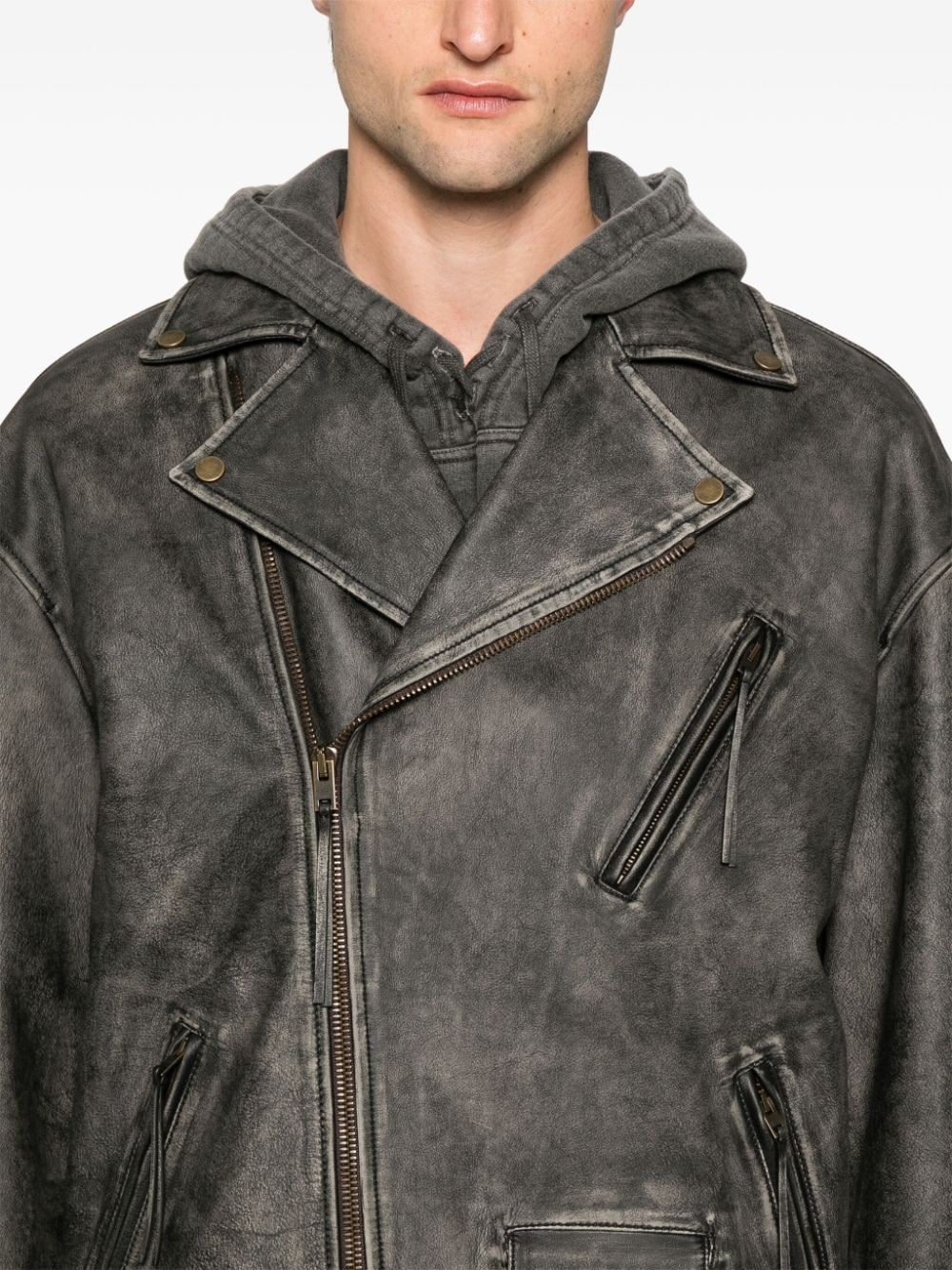 logo-embossed biker leather jacket - 5