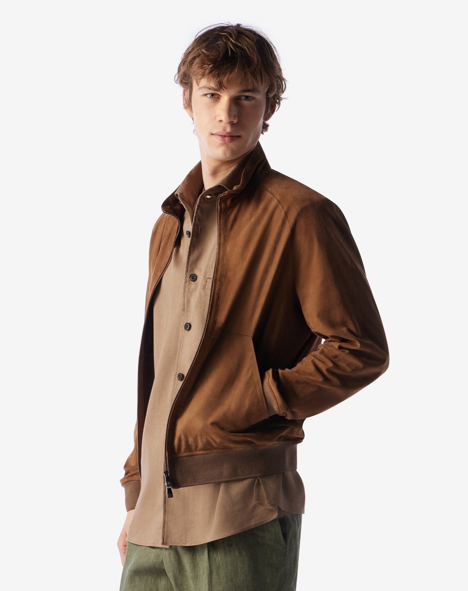 Tobacco-brown bomber jacket made from super light suede - 2