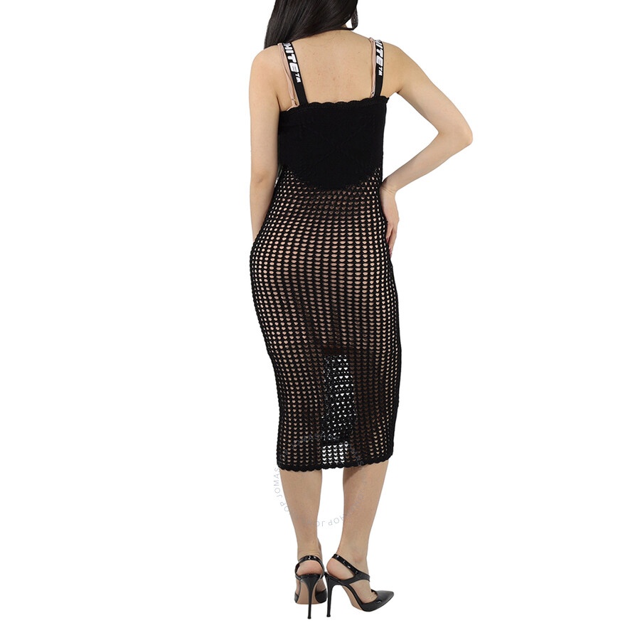 Off-White Open Knit Sleeveless Dress in Black - 3