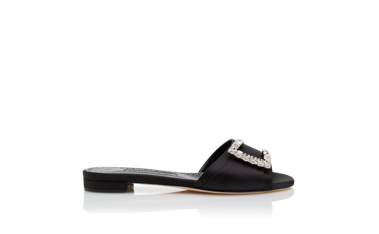Black Satin Embellished Flat Sandals - 1
