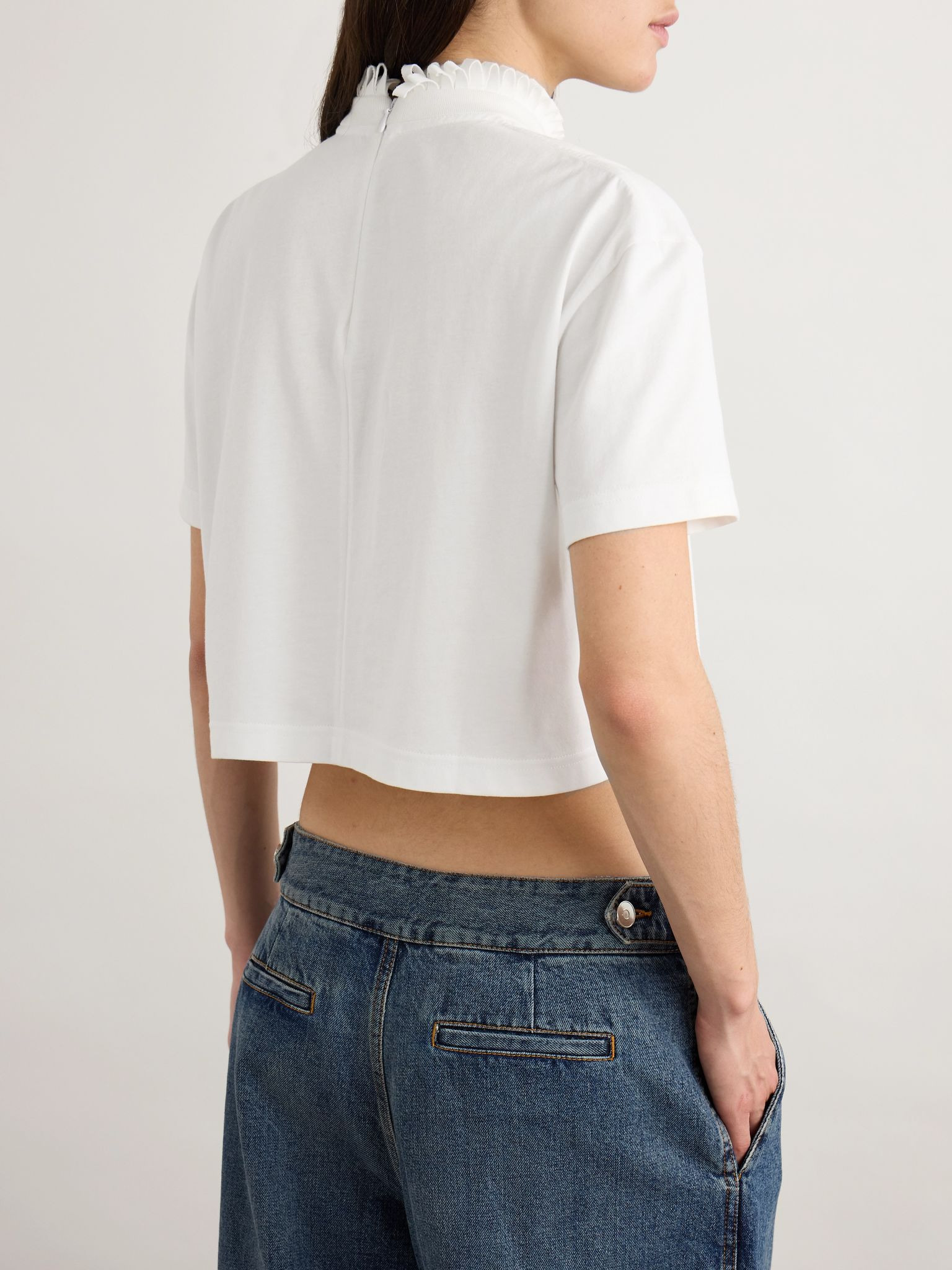 Cropped ruffled cotton-jersey turtleneck T-shirt White - 3