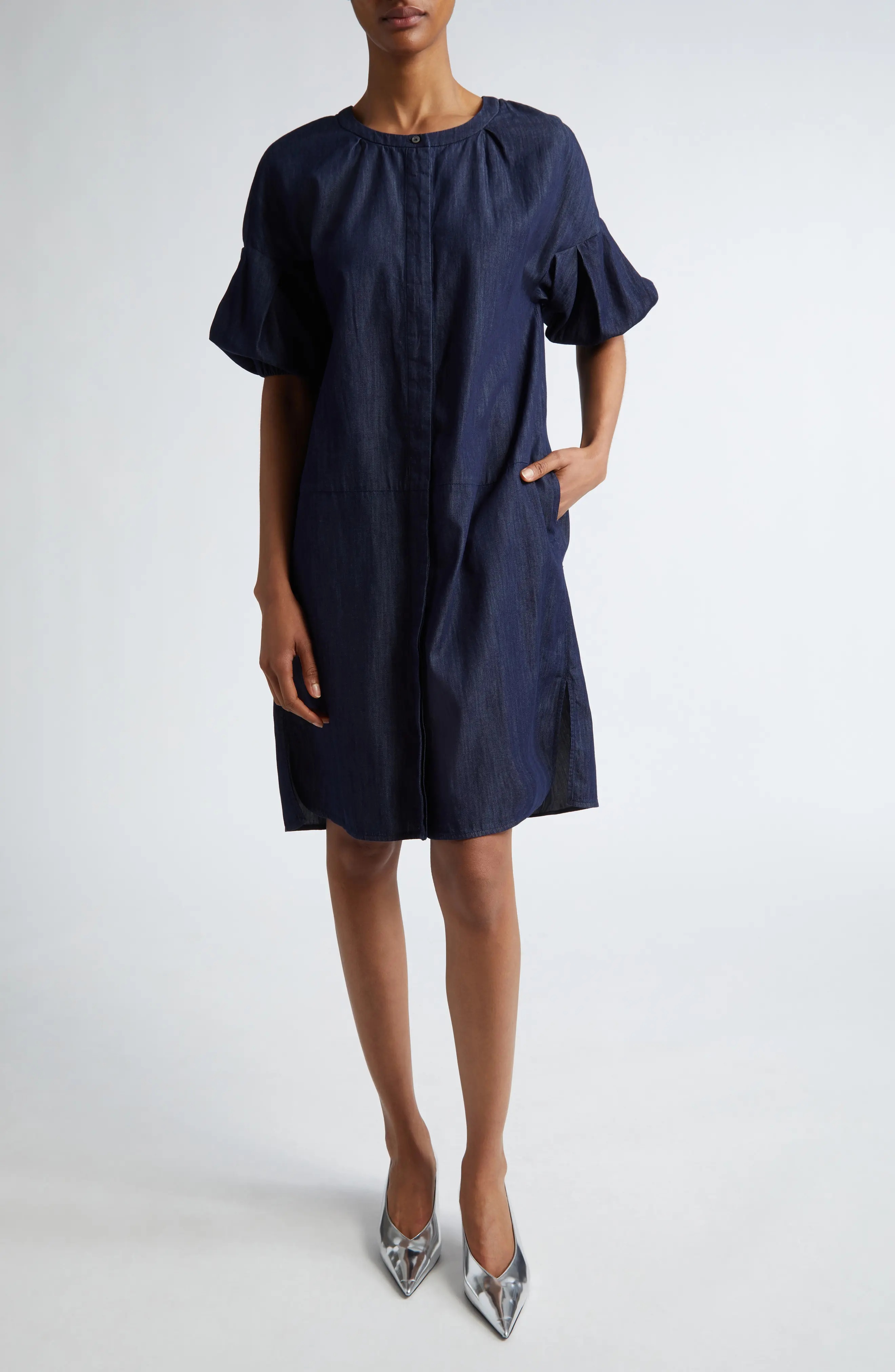 Meringa Puff Sleeve Chambray Shift Dress - 1