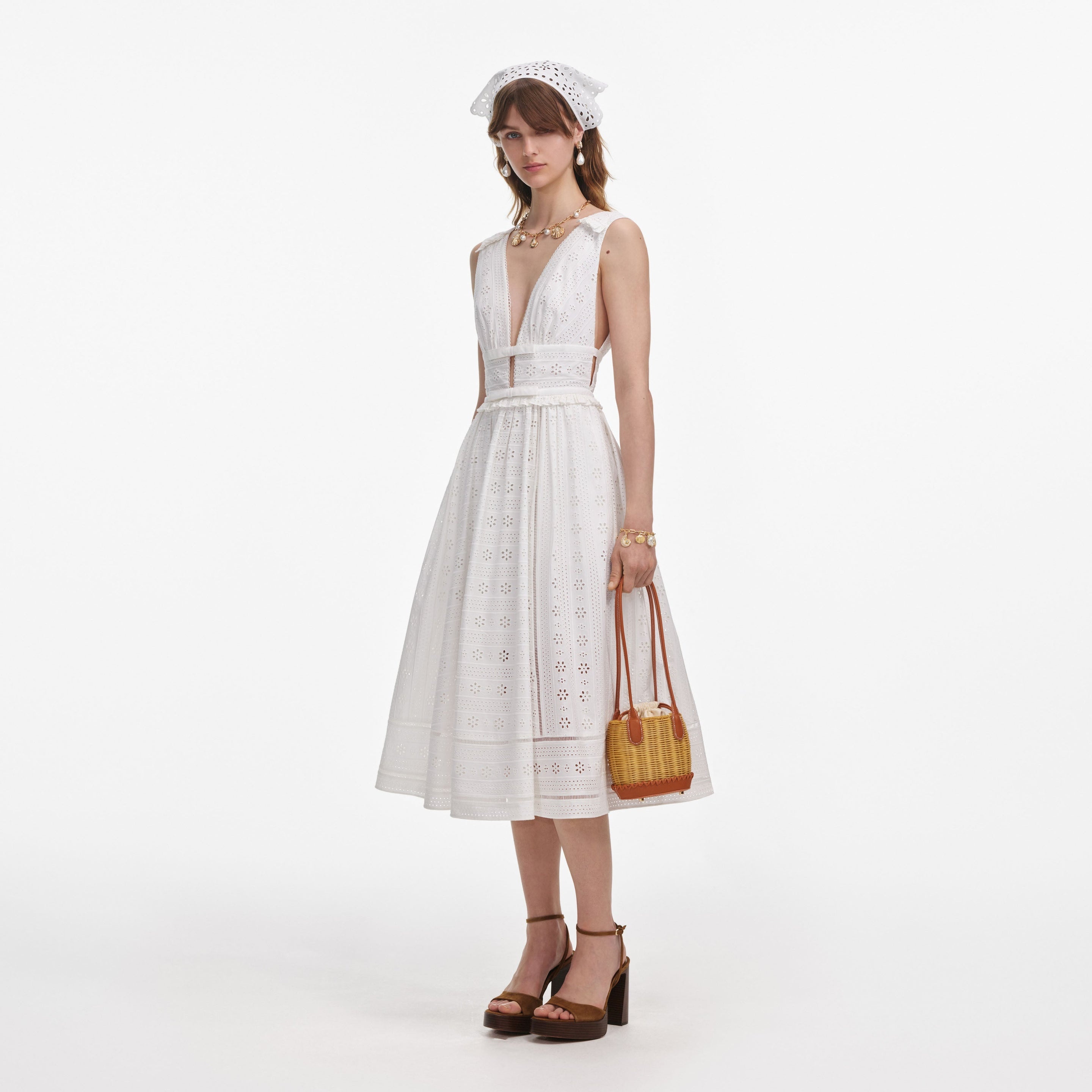 White Cotton Broderie Midi Dress - 2
