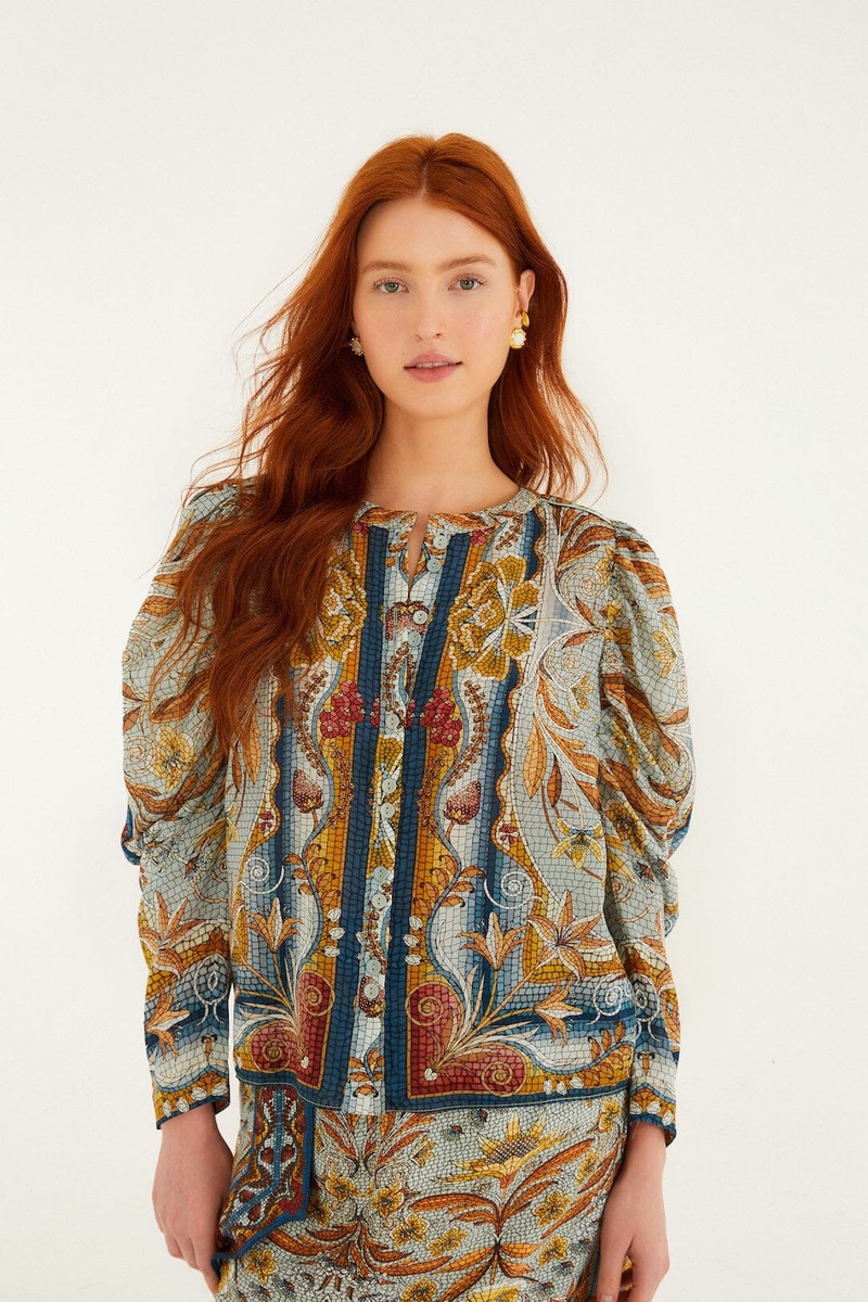 Blue Mosaic Garden Long Sleeve Blouse 1