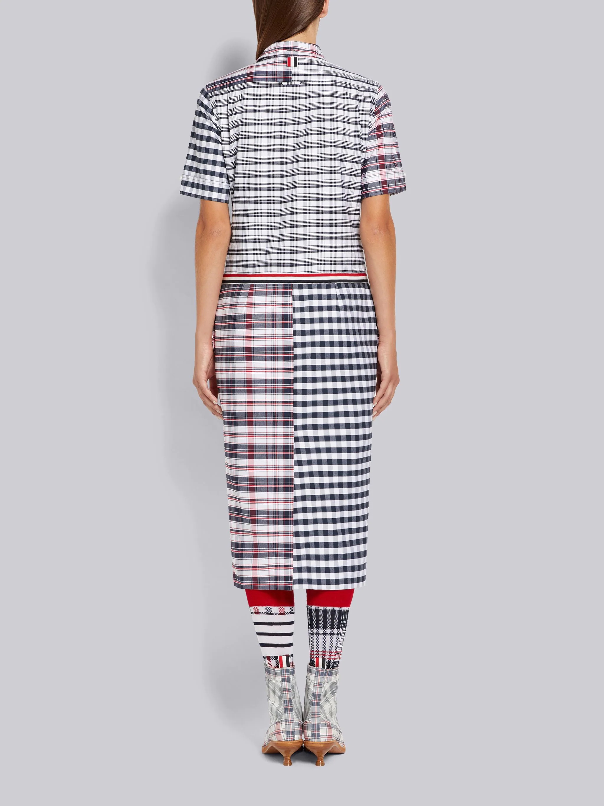 Multicolor Fun-Mix Stripe Plaid and Gingham Check Oxford Short Sleeve Below the Knee Shirtdress - 3