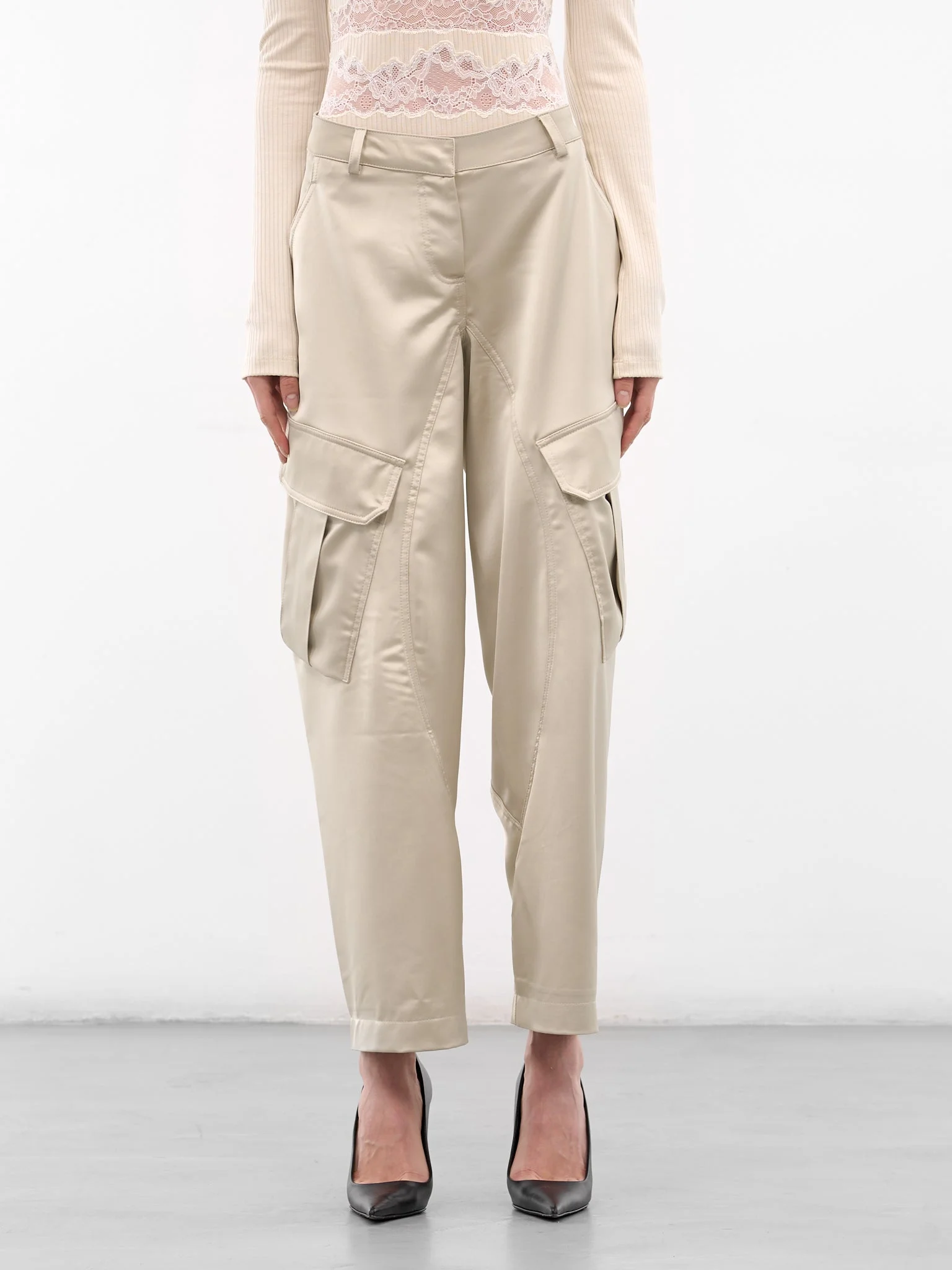 Ecru Satin Balloon Cargo Pants - 1