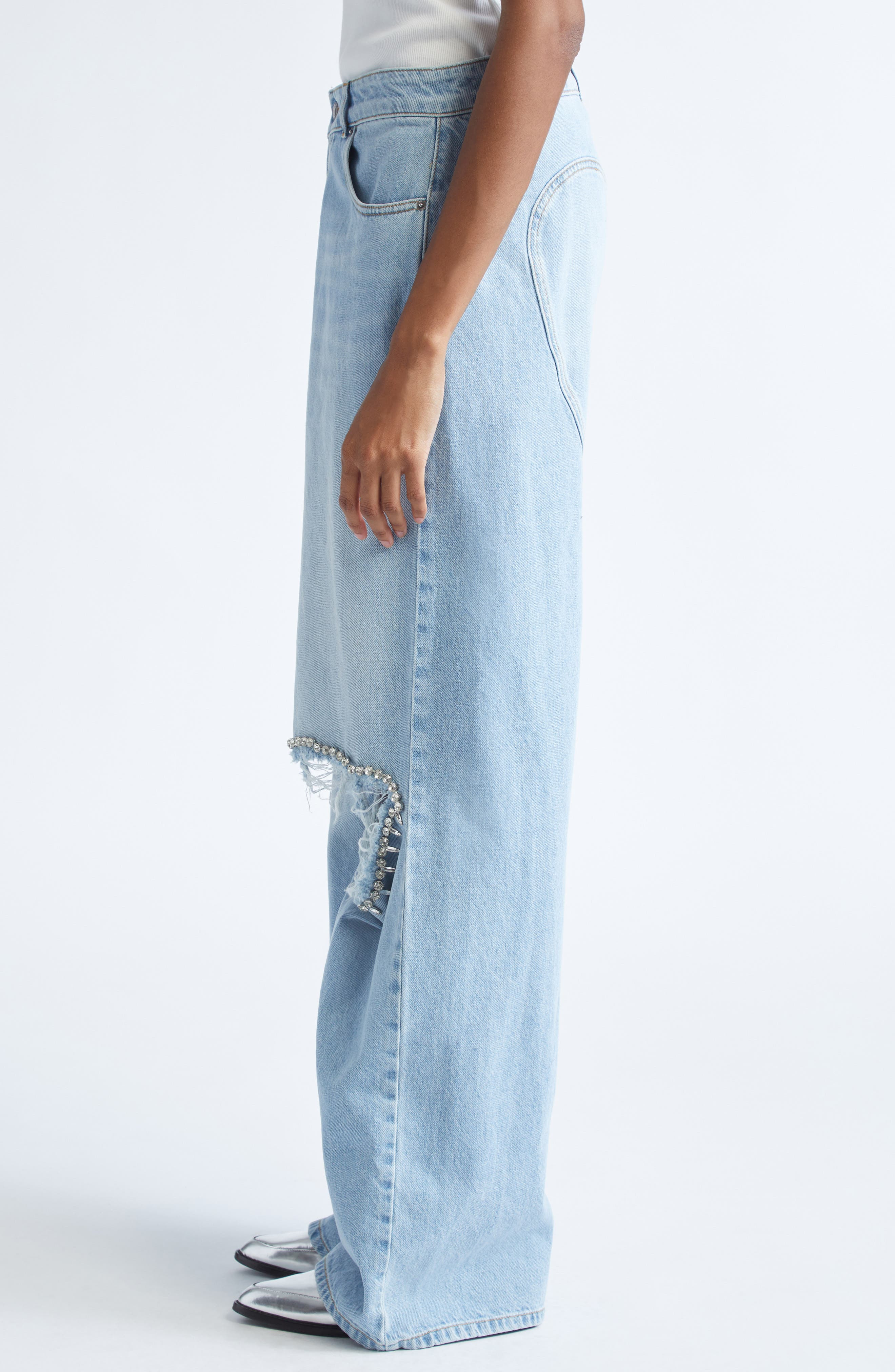 Area Distressed Crystal Trim Relaxed Slit Jeans in Medium Blue at Nordstrom - 4
