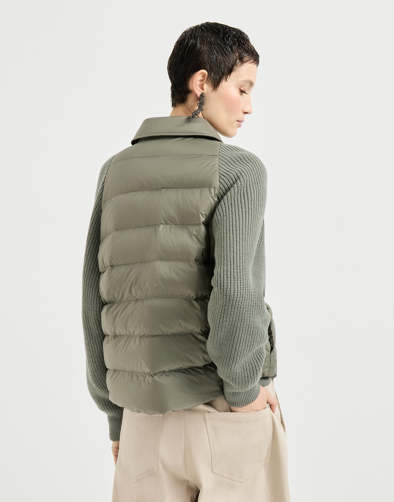 Water-resistant matte nylon down jacket with virgin wool, cashmere and silk knit sleeves and shiny z 3