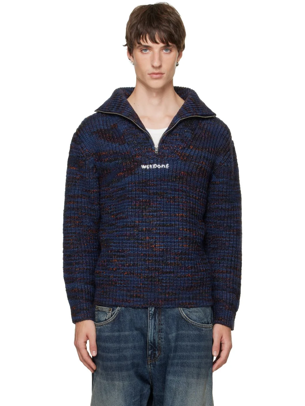 Navy Chunky Embroidered Quarter-Zip Sweater - 1