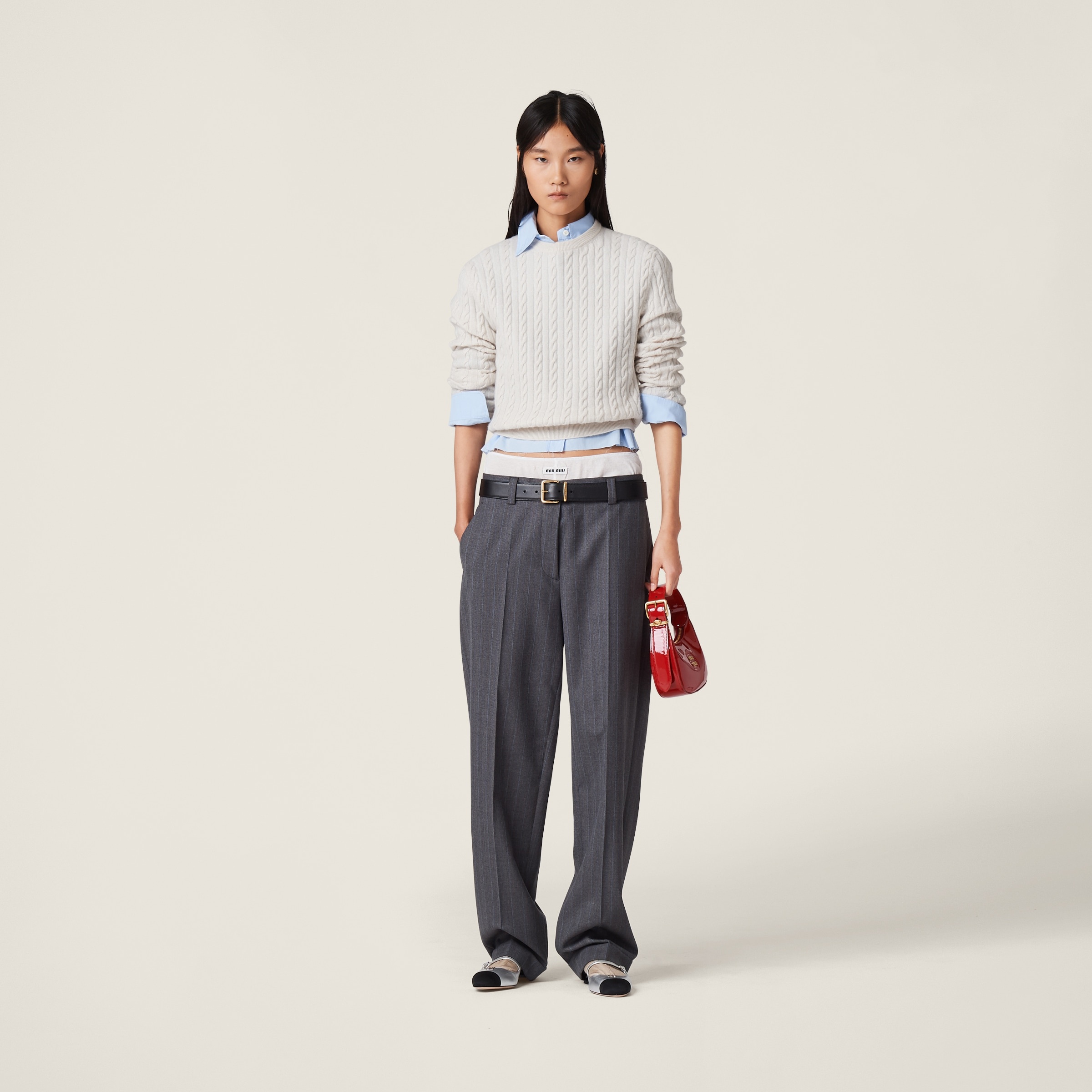 パンツ Miu Miu PINSTRIPE PANTS Miu Miu Pinstripe Herringbone Wool Trousers | Black | FARFETCH