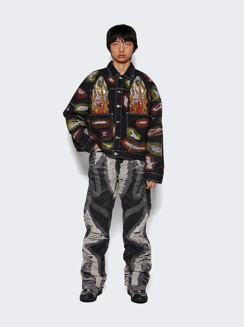 WHO DECIDES WAR Embroidery Trucker Jean Jacket Black And Multicolor outlook
