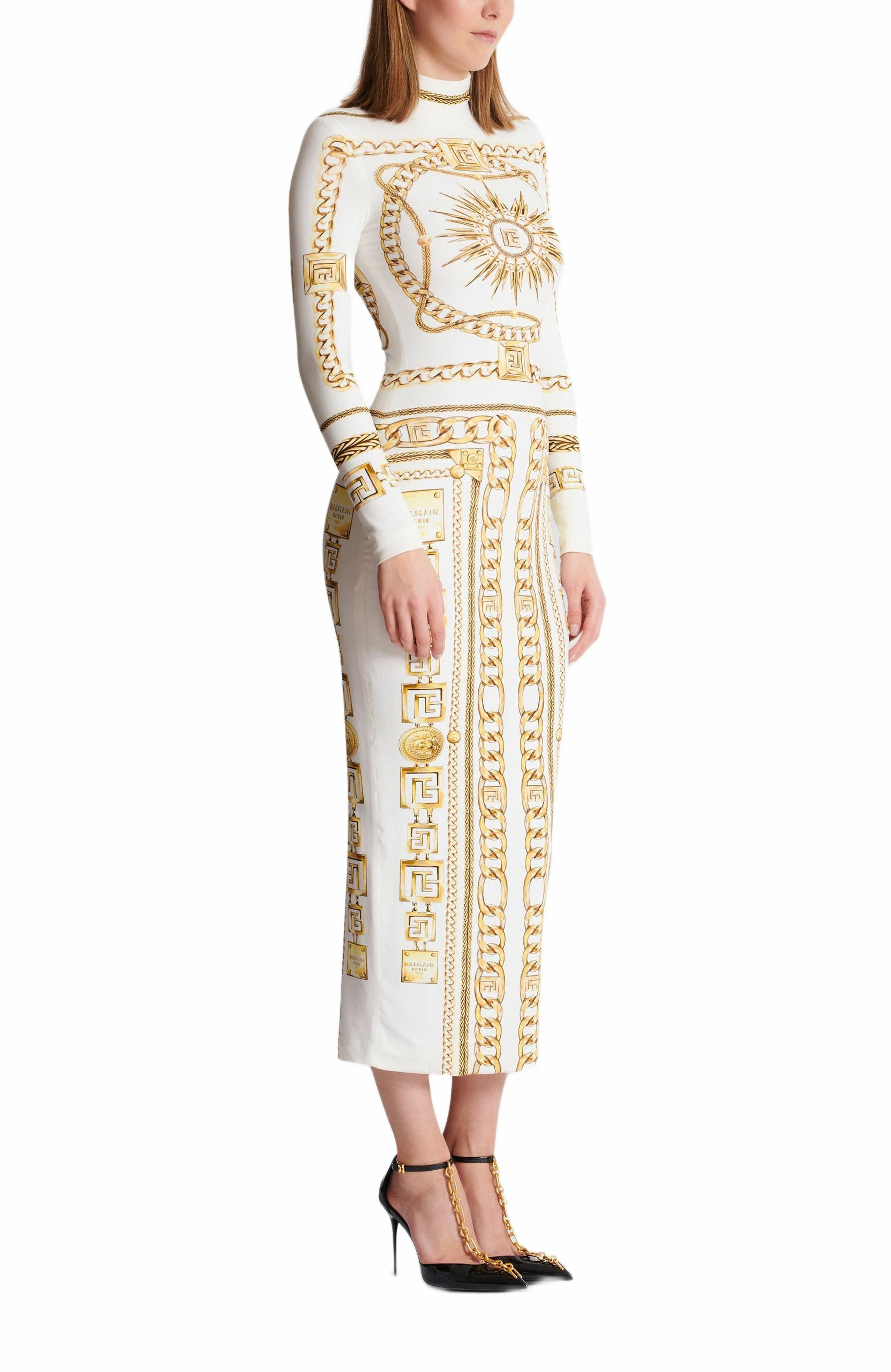 Long printed bodycon dress with Balmain Foulard pattern in Gold at Nordstrom - 1