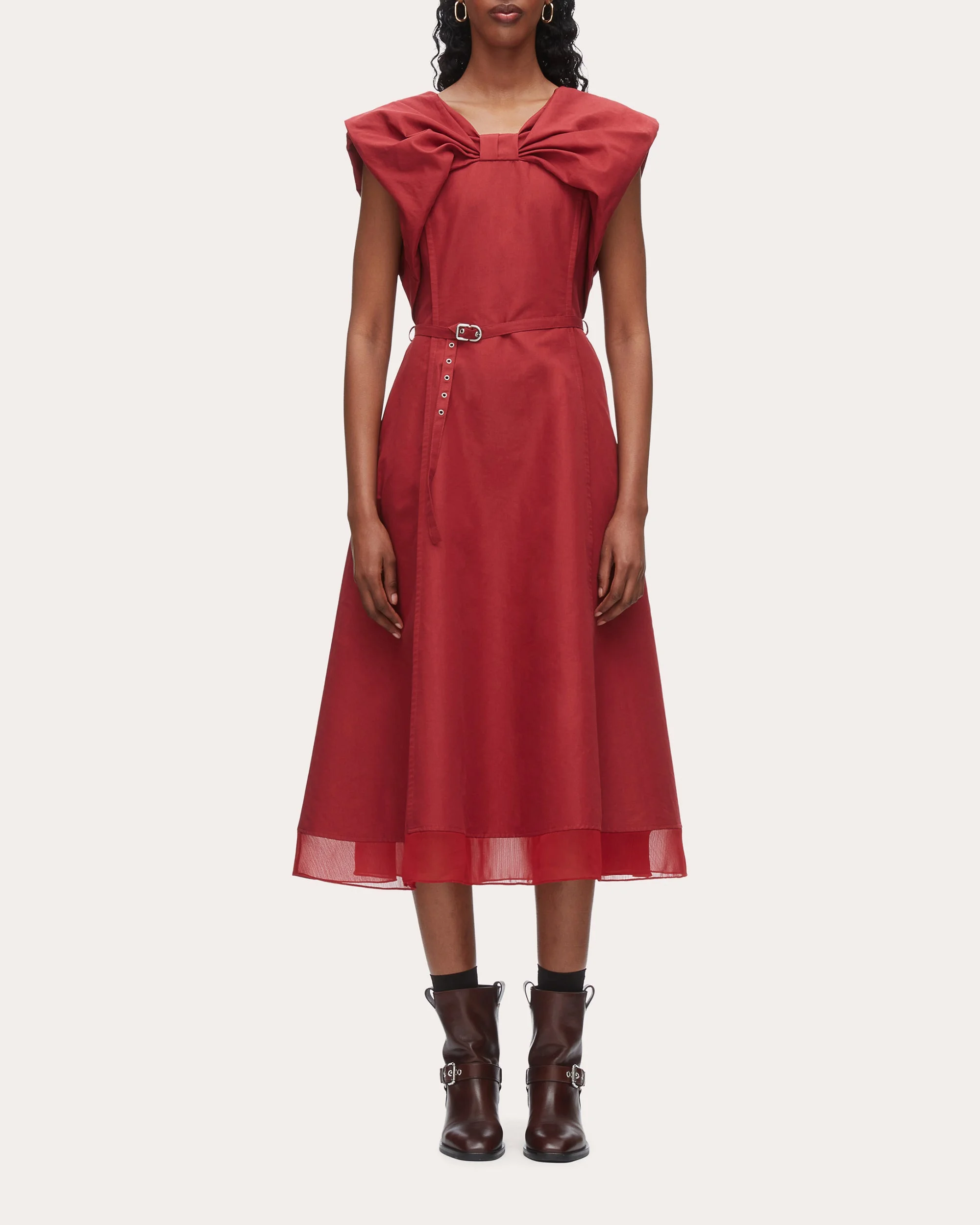 Draped Chiffon-Trimmed Cotton Blend Midi Dress - 1