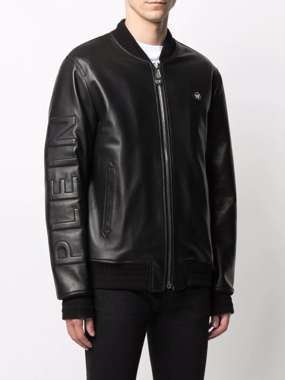 embossed-logo leather jacket - 3