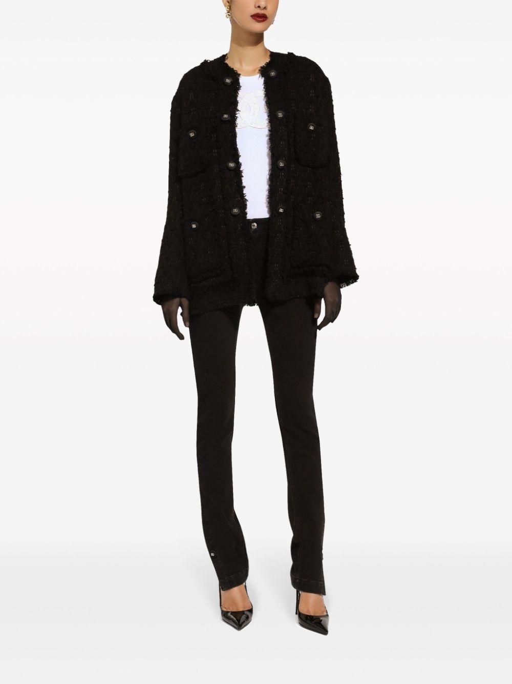 round-neck buttoned tweed jacket - 3
