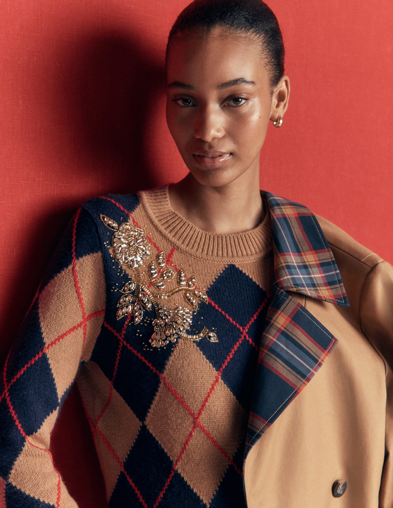 Embellished Jacquard Sweater-Camel Melange Argyle 3