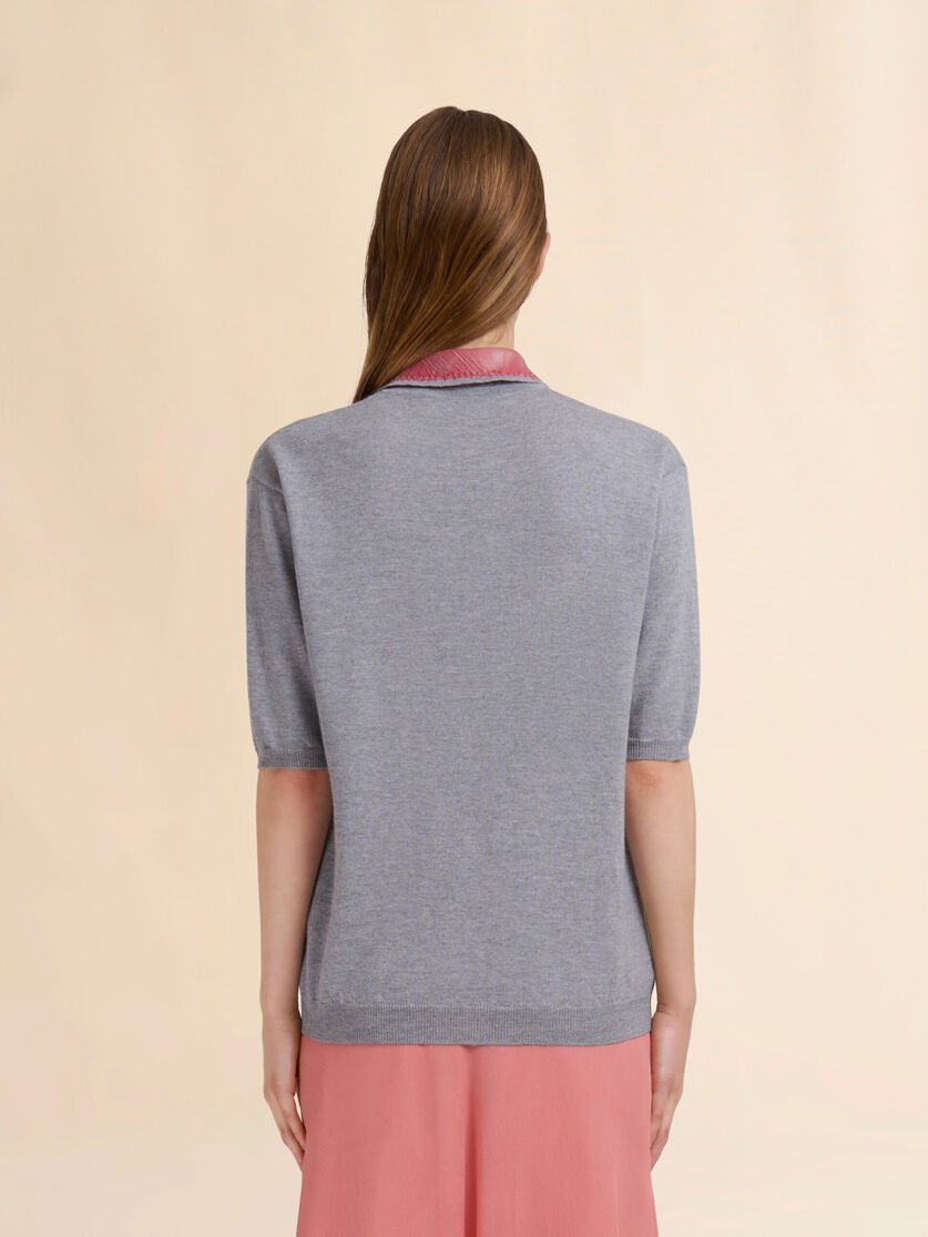 GRAY WOOL POLO SHIRT WITH VELVET COLLAR - 3