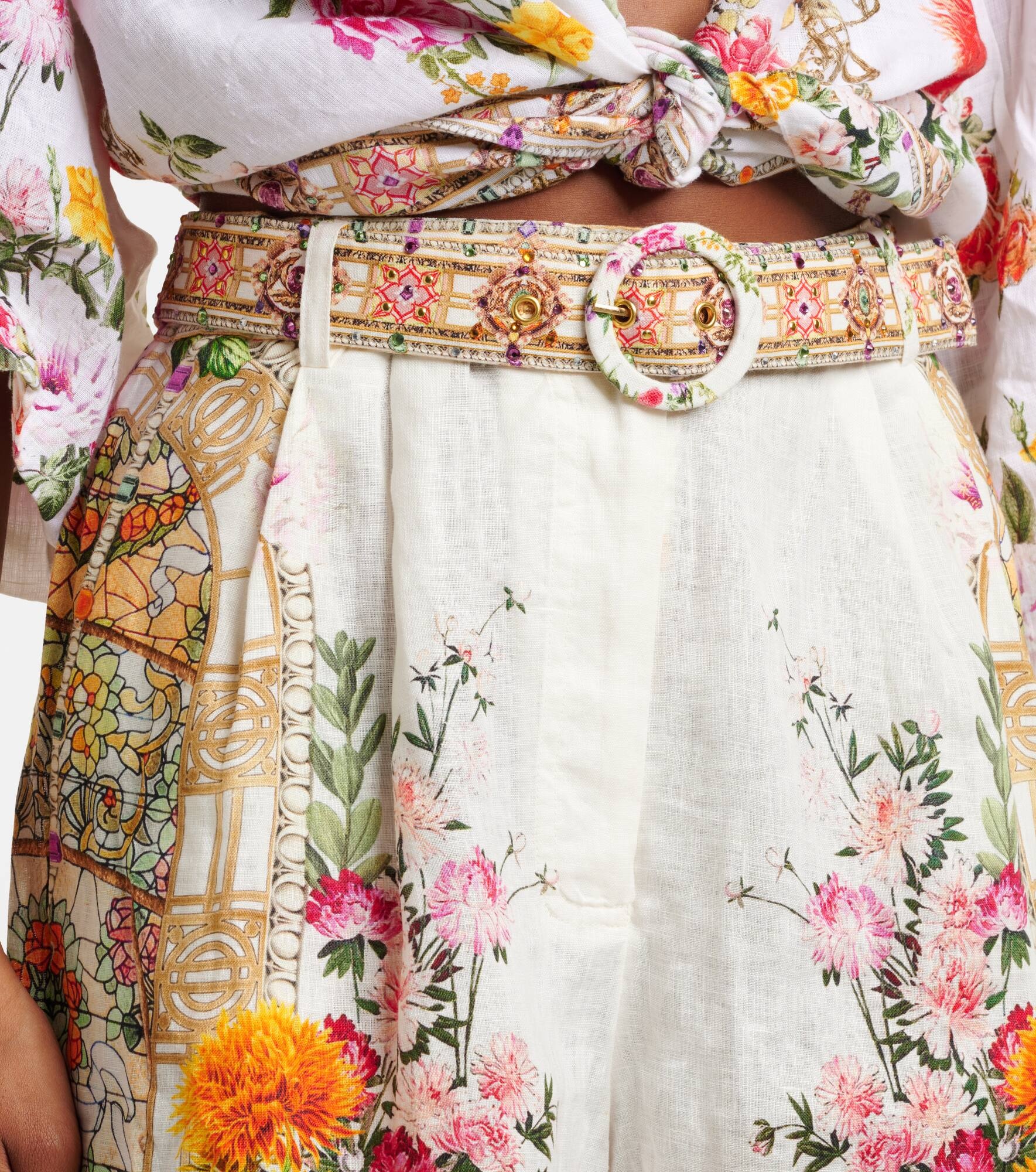 Floral high-rise belted linen shorts - 4