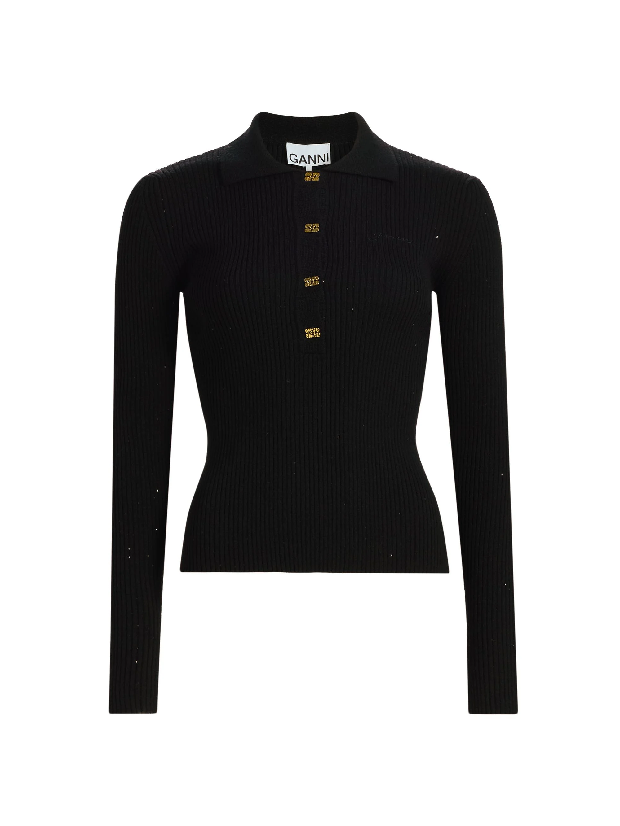 Women's Fine Sequin Wool-Blend Polo Sweater - Black - 1