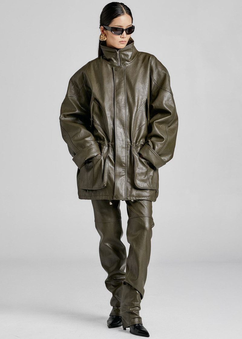 Ascona Faux Leather Jacket - Dark Olive 7