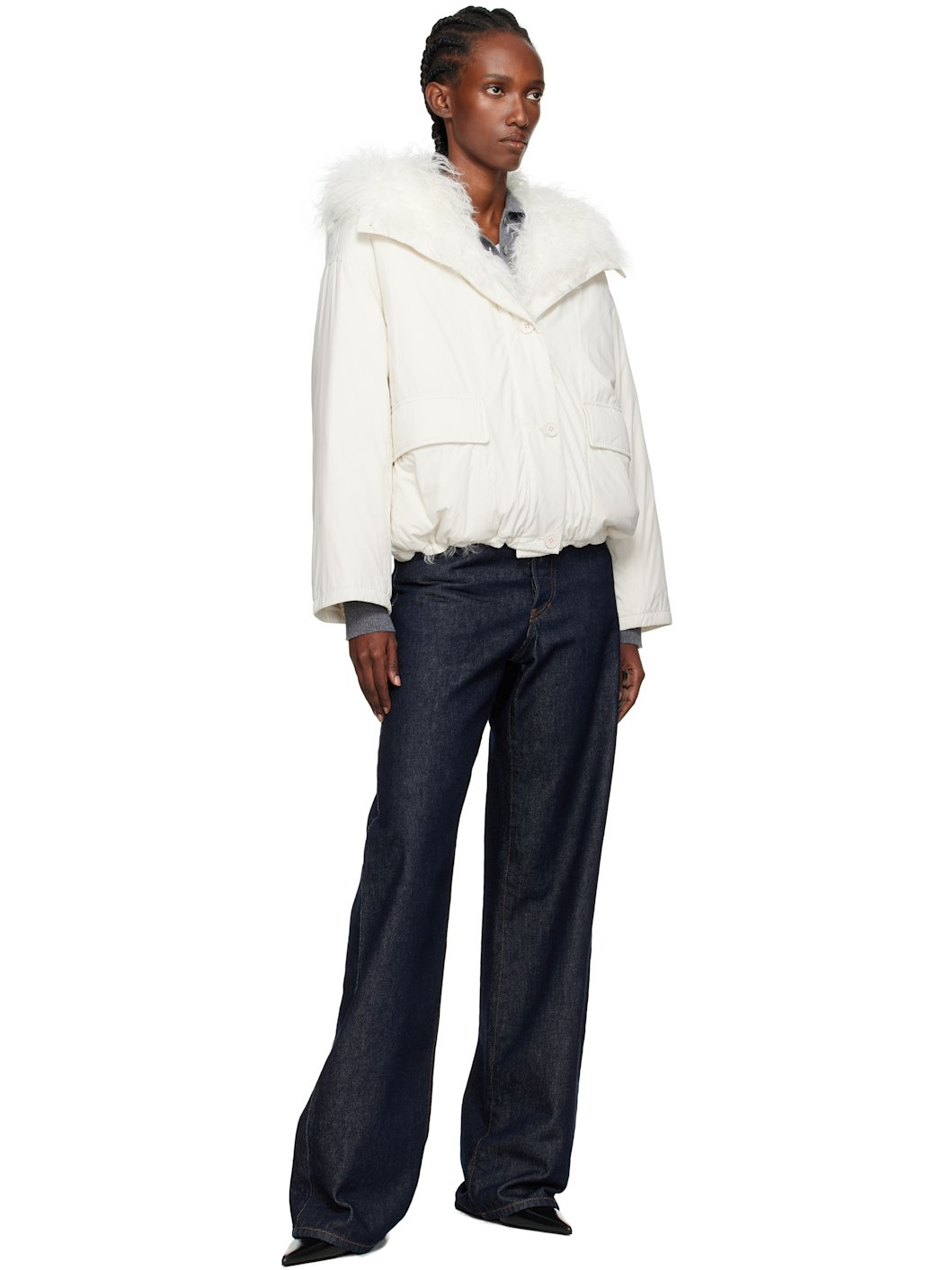 Off-White Cropped Shearling & Down Jacket - 4