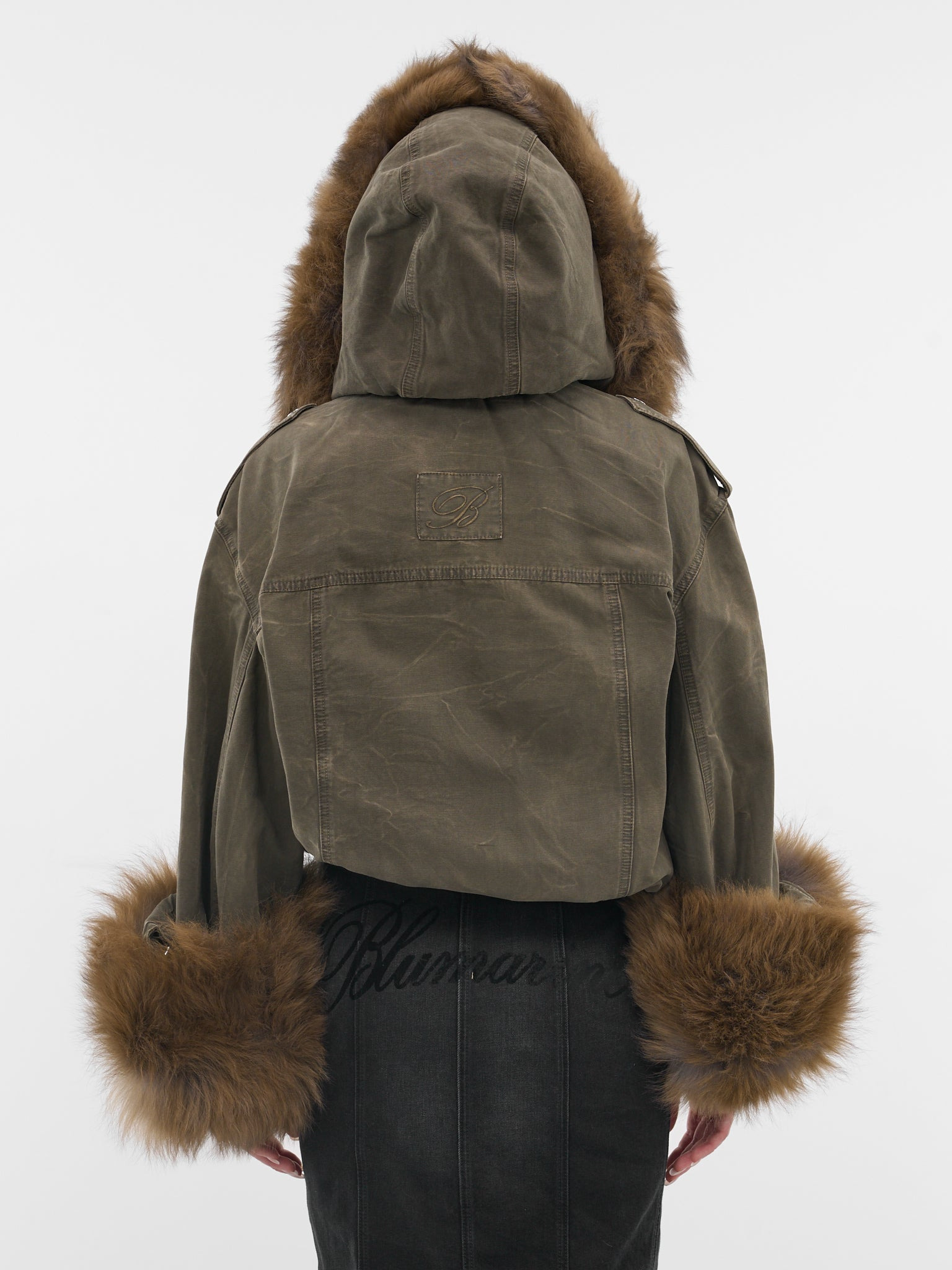 Green Fur Hood Cropped Bomber - 3