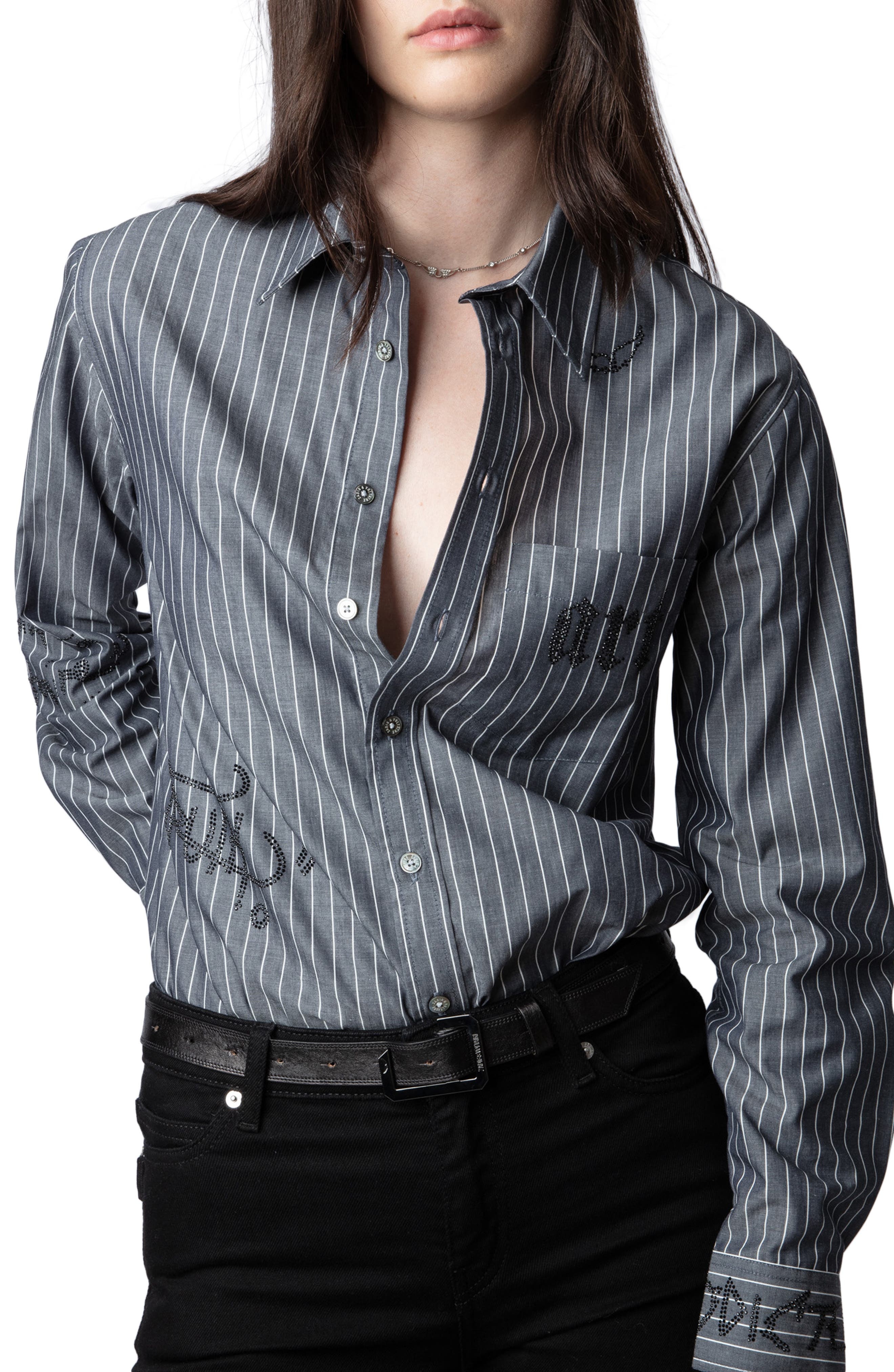Zadig & Voltaire Taskiz Manifesto Stripe Embellished Cotton Button-Up Shirt in Evening at Nordstrom - 4