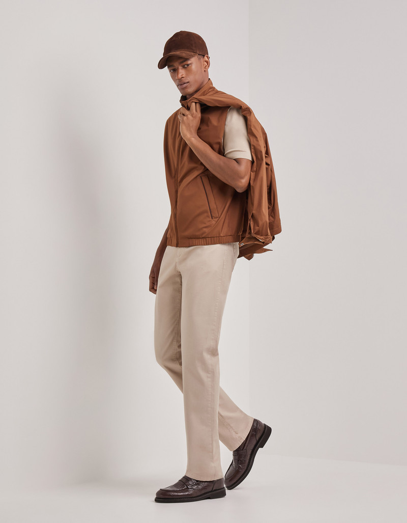 CARAMEL MIXED-MATERIAL ULTRALIGHT SUEDE BOMBER JACKET WITH KNIT INSERTS 212