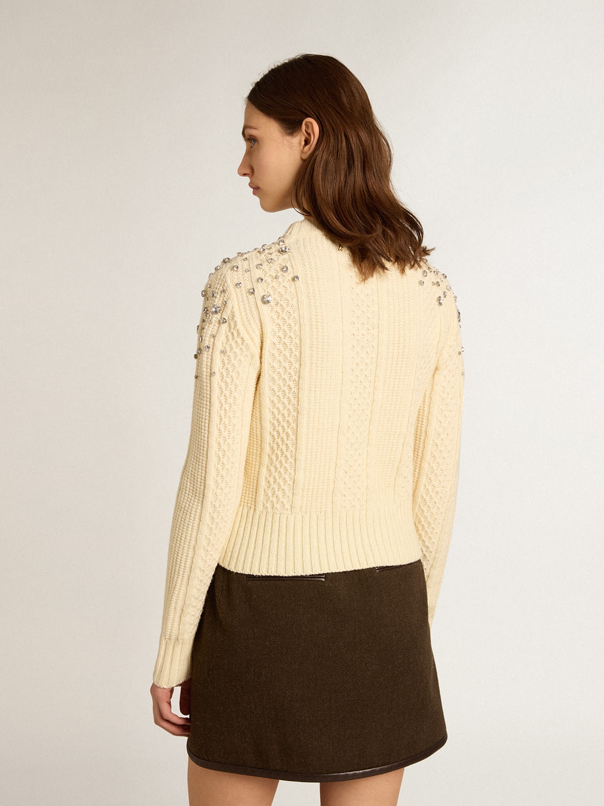 Cropped sweater in white wool with crystals - 4