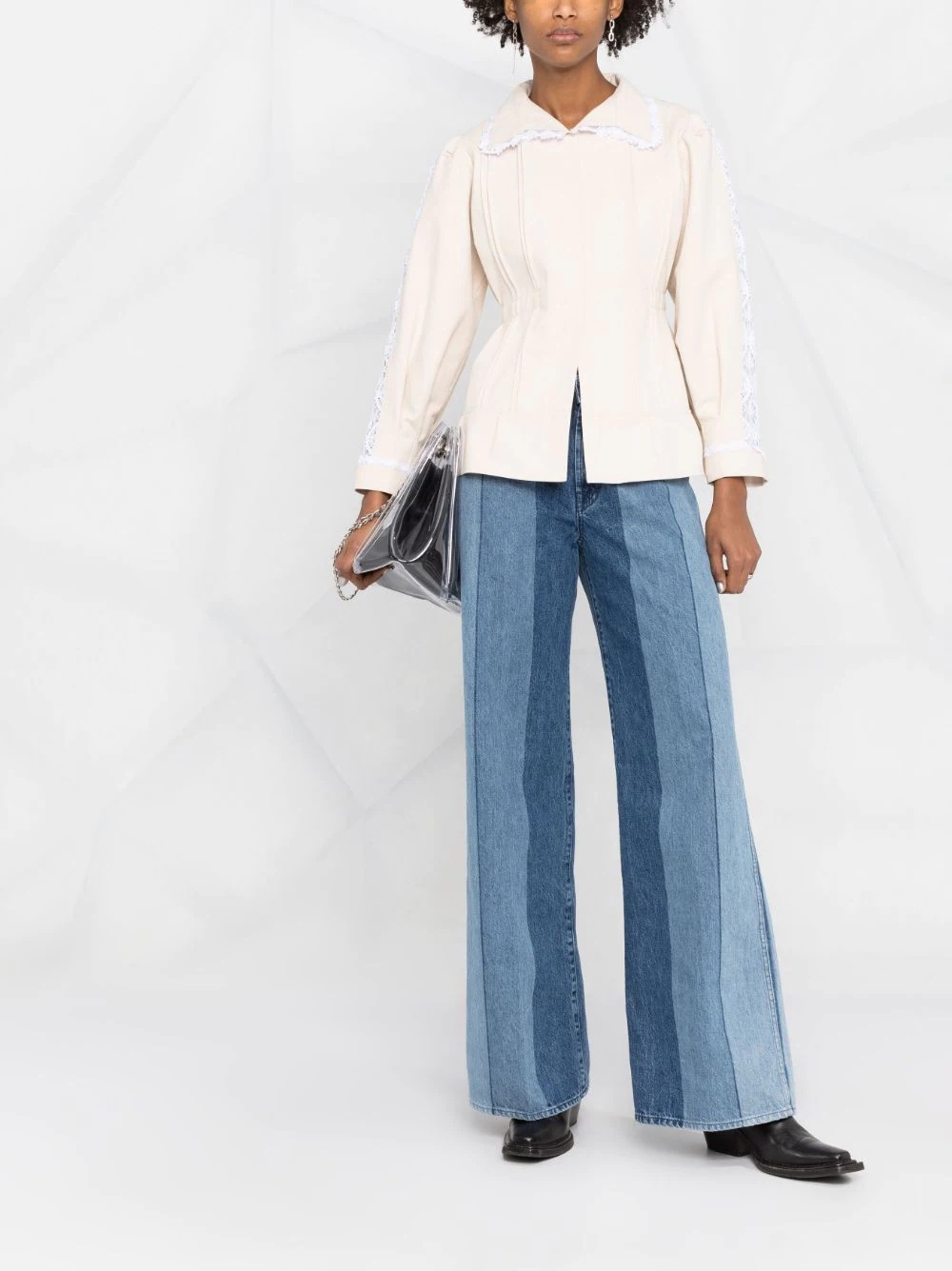 lace-trim pleat-detail fitted jacket - 2