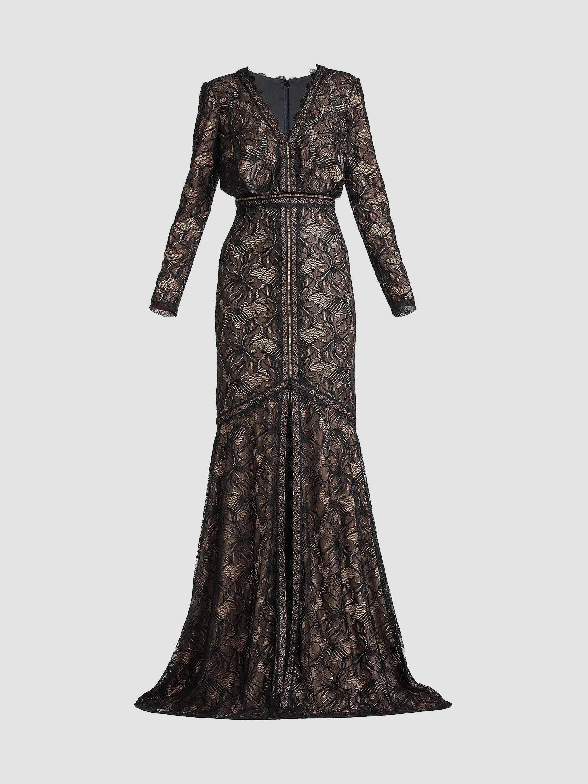 Women's Floral Lace Gown - Black Beige - 1