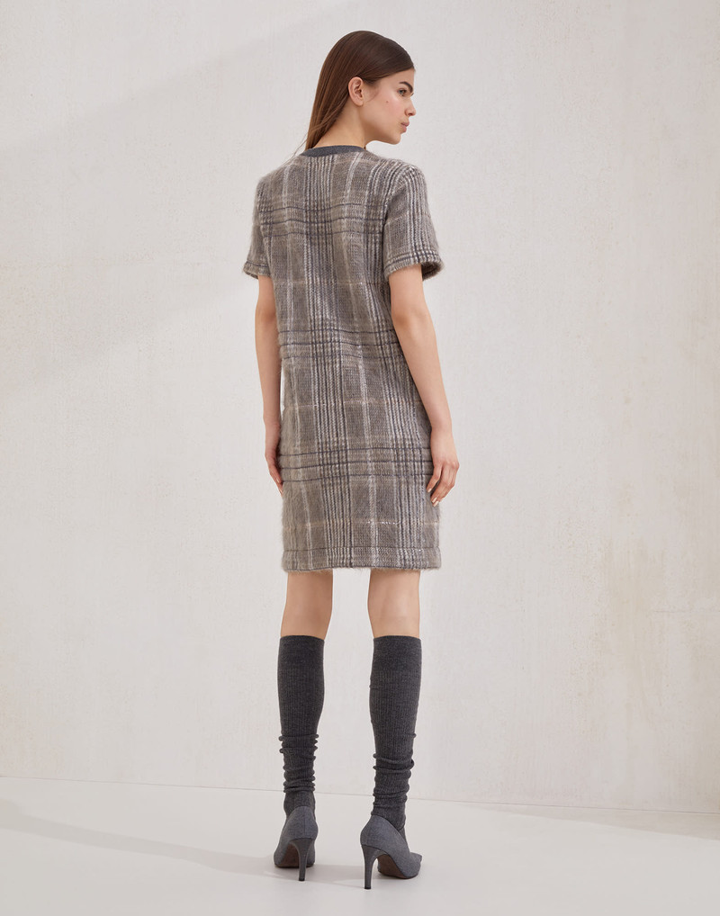 Brunello Cucinelli Mohair, virgin wool and cashmere jacquard knit dress with dazzling check embroidery outlook