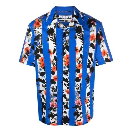 Off-White SS21 Flowers Printing Stripe Short Sleeve Shirt Version Blue OMGA163S21FAB0068400 - 1