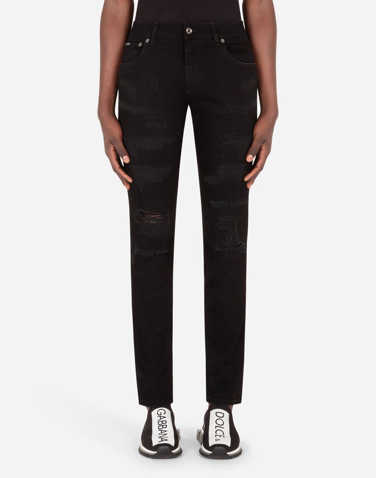 Black skinny stretch jeans with logo print - 1