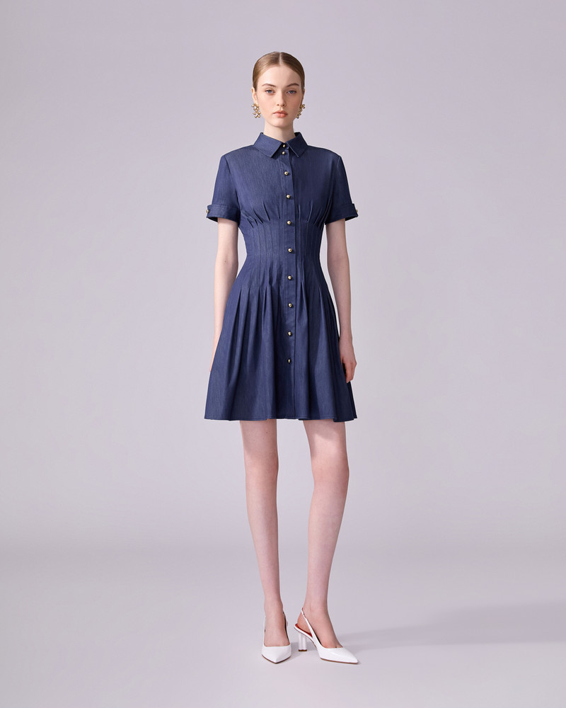CAROLINA HERRERA Pleated Denim Mini Dress outlook