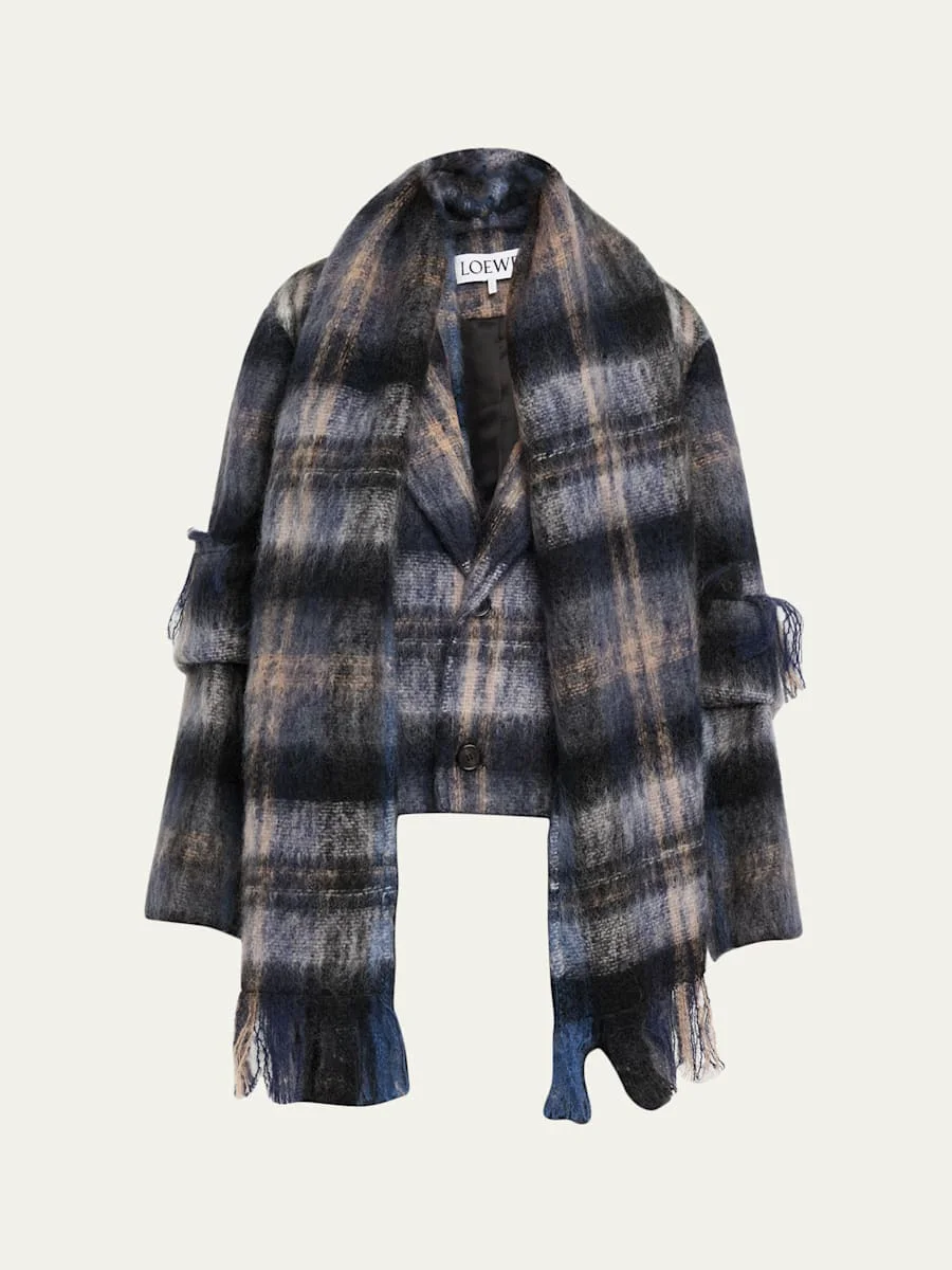 Check Alpaca Fringe Scarf Jacket - 1