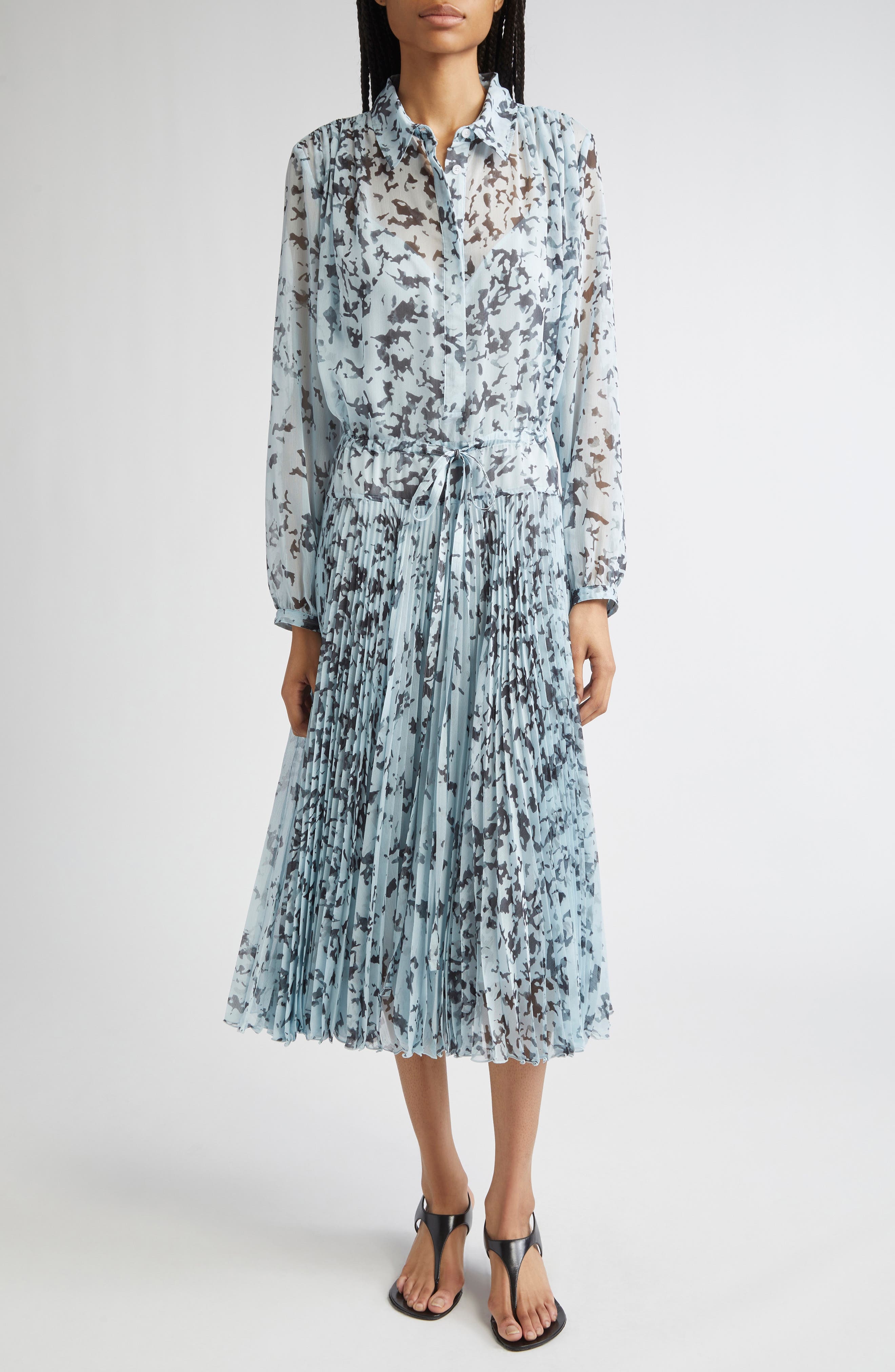 Proenza Schouler Jones Long Sleeve Pleated Crinkle Chiffon Shirtdress in Sky Blue Multi at Nordstrom - 1