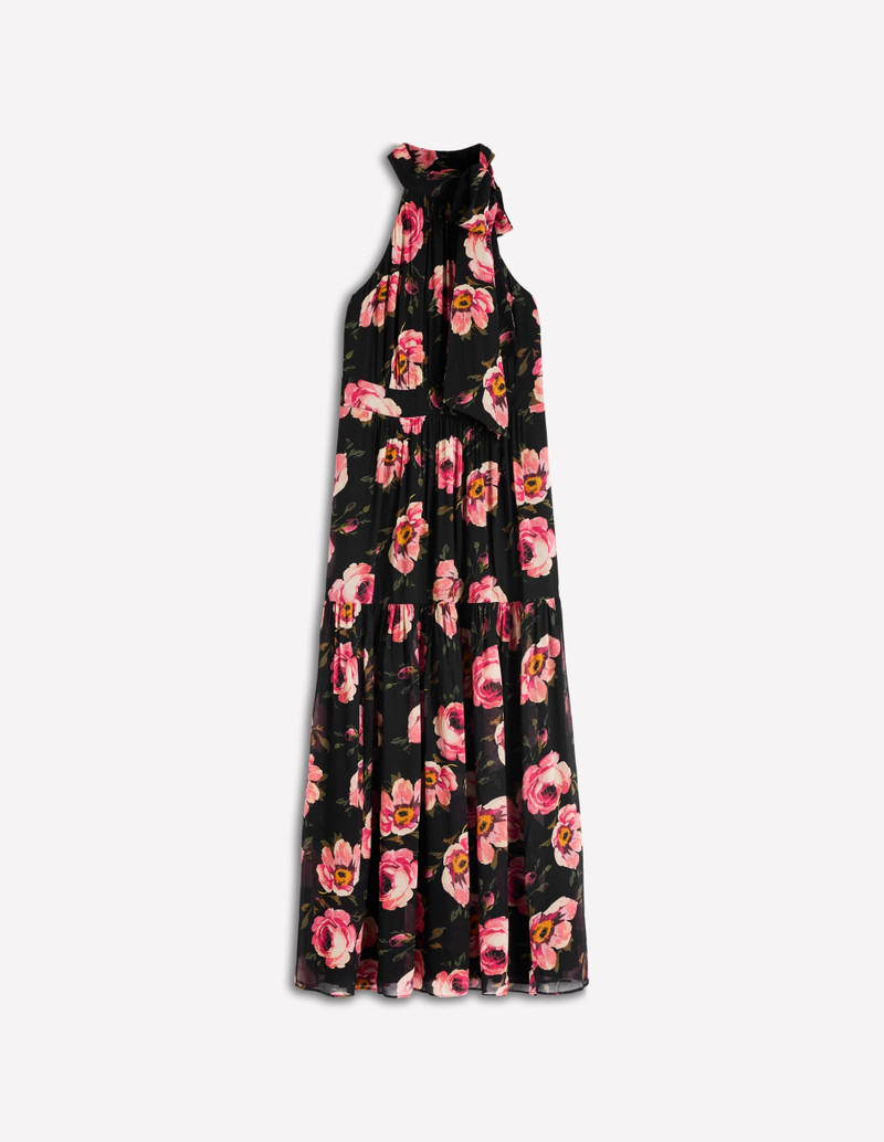 Roisin Tie Neck Maxi Dress-Black Whimsical Roses - 1