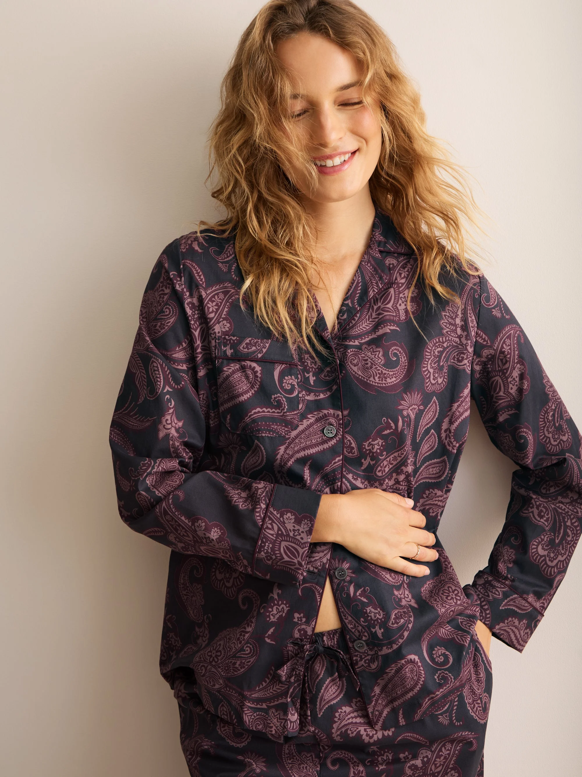 Ledbury Cotton Batiste Pajamas Night Gray & Wine Paisley - 1