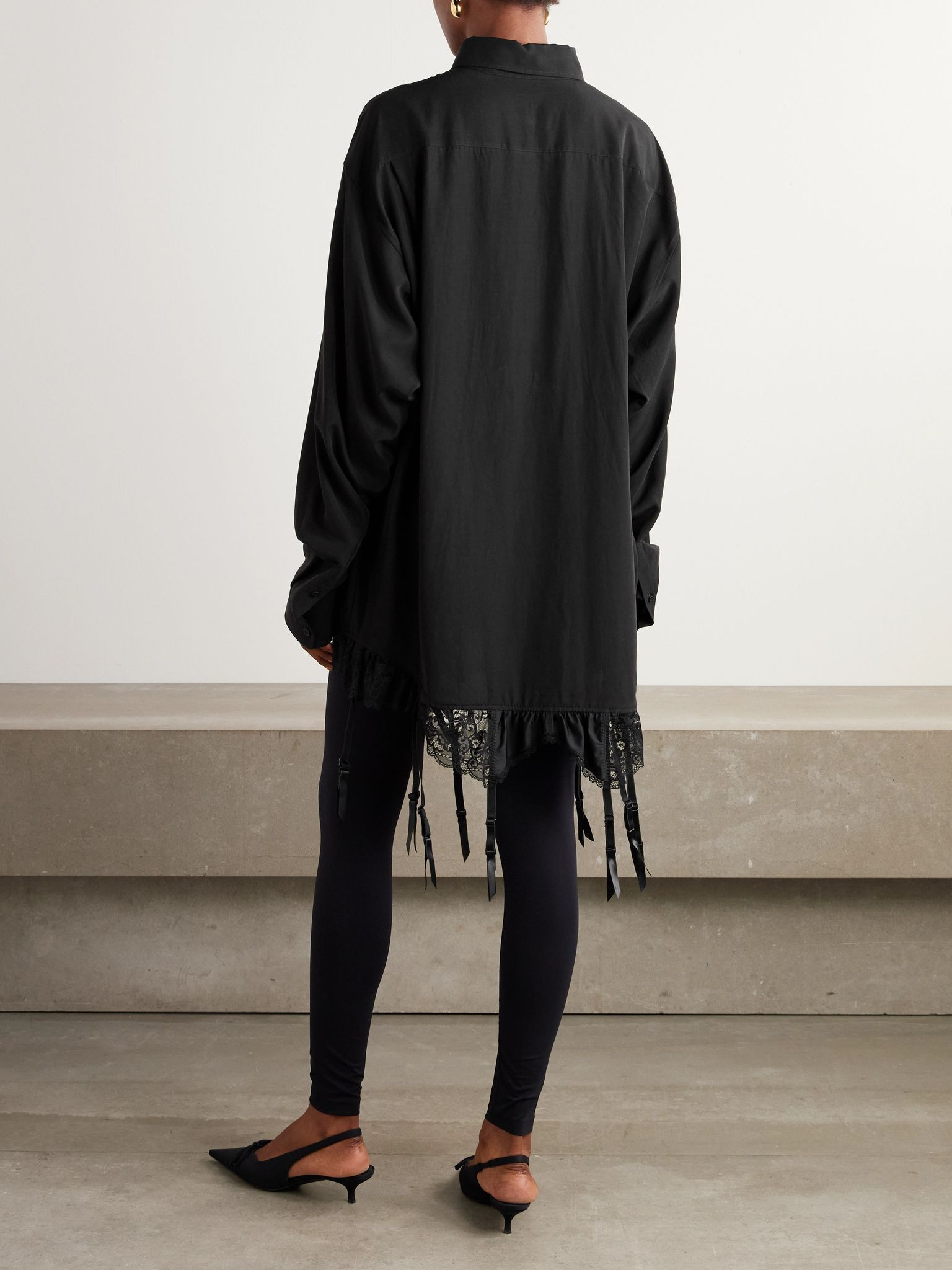 Fringed lace-trimmed Lyocell-poplin shirt Black - 3