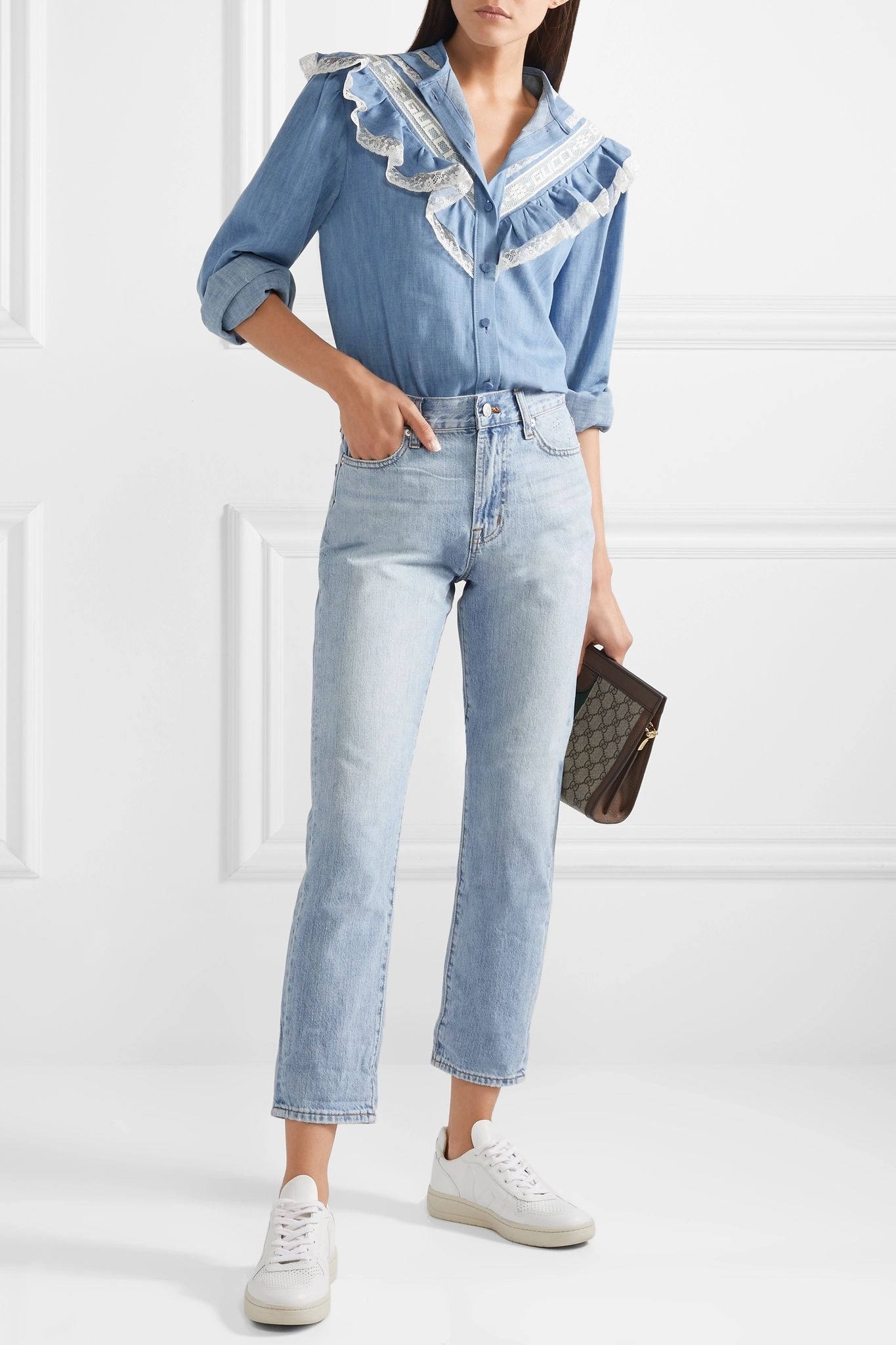 Lace-trimmed cotton-chambray shirt - 2