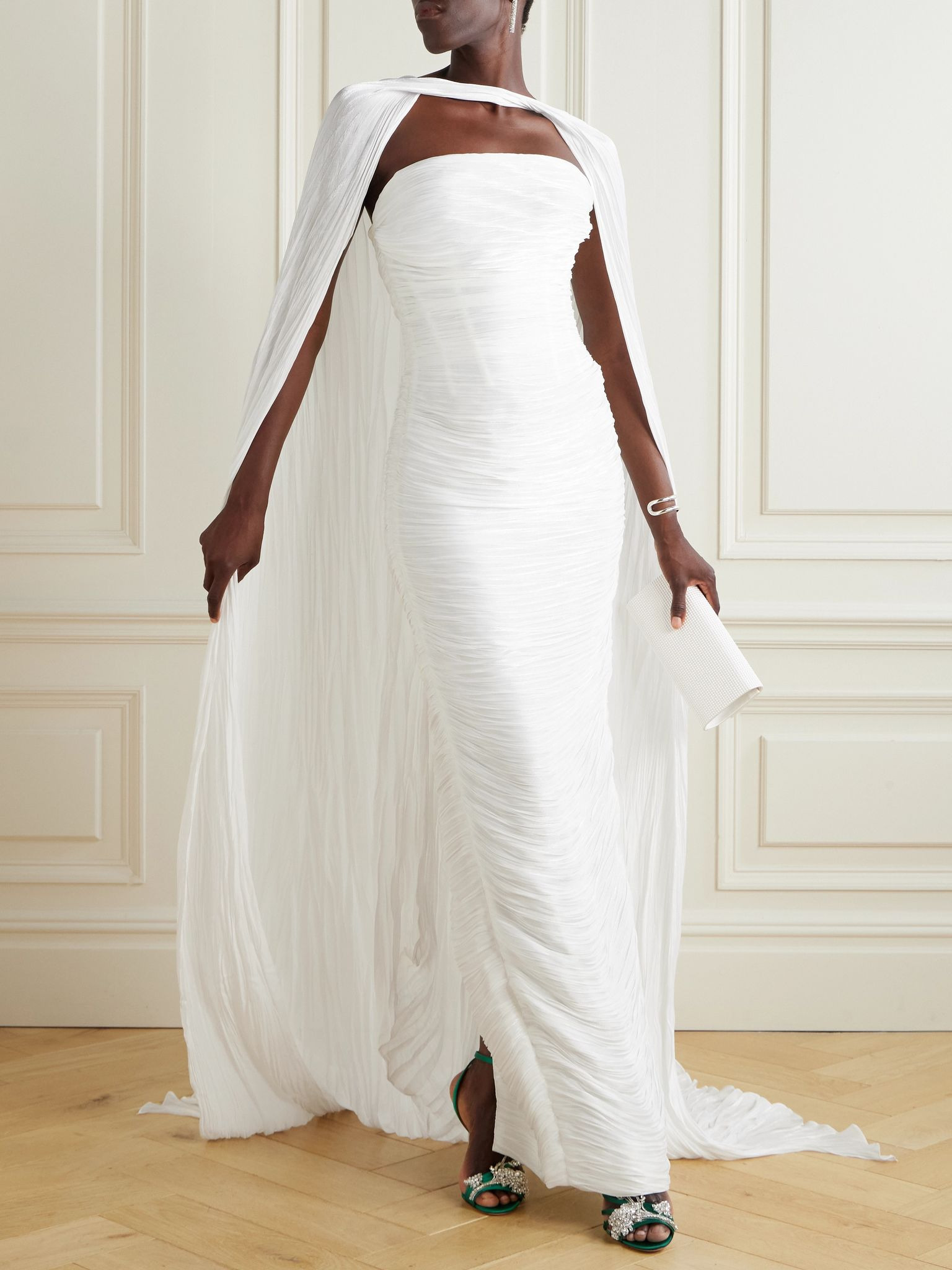 Cape-effect metallic plissé-taffeta gown White - 2