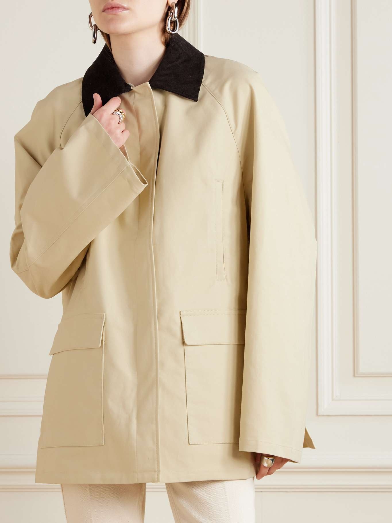 Corduroy-trimmed coated-canvas jacket Beige - 3
