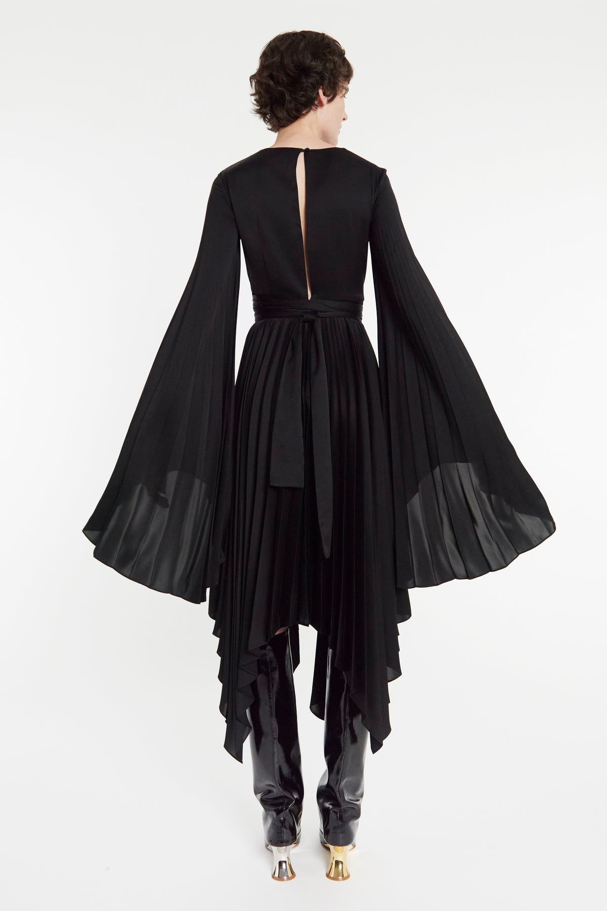 WRAP AROUND MIDI DRESS WITH PLEATED SKIRT & SLEEVES BLACK - 7