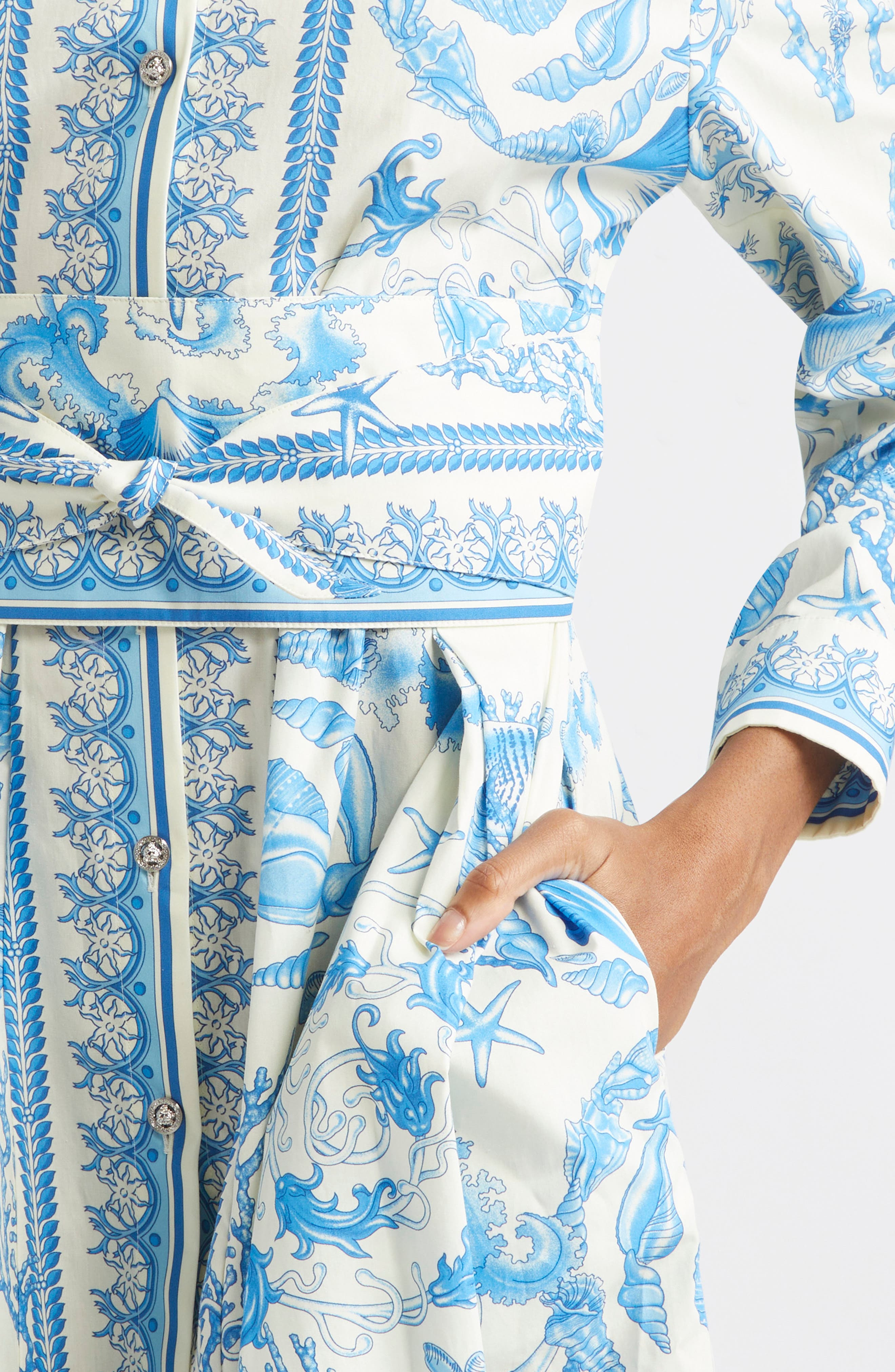 Versace Underwater Barocco Long Sleeve Cotton Poplin Shirtdress in Eggshell Bright Dv Blue at Nordst - 4